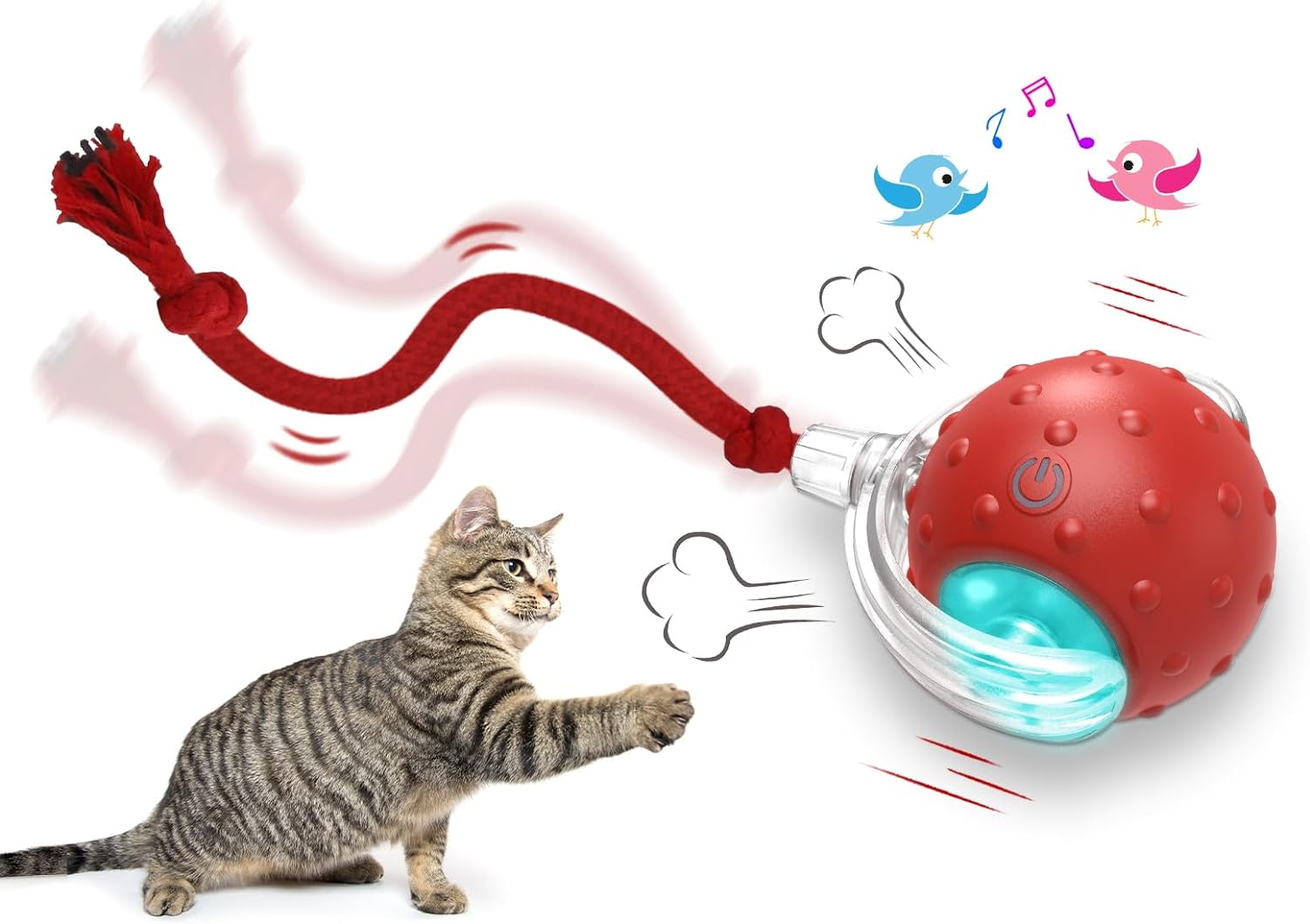Interactive Rolling Cat Toy Ball for Indoor Cats – Rechargeable Motion-Activated Ball with Chirping Sound, 3 Play Modes for Carpet & Hard Floors, Red