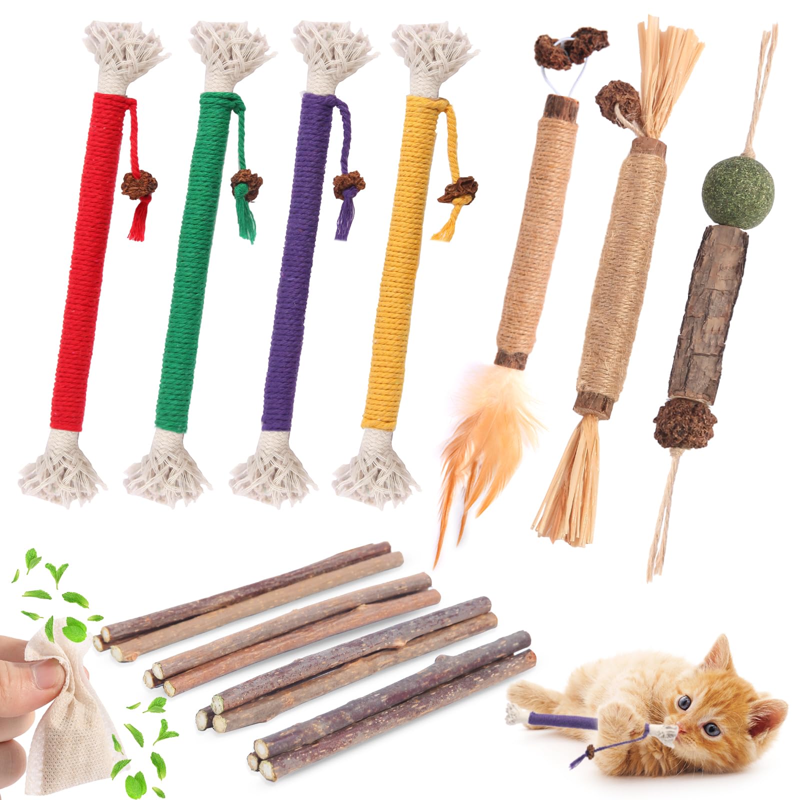 Natural Cat Chew Toys with Silvervine & Catnip, 20 Pack Indoor Cat Dental Chew Toys for Teeth Cleaning & Interactive Play