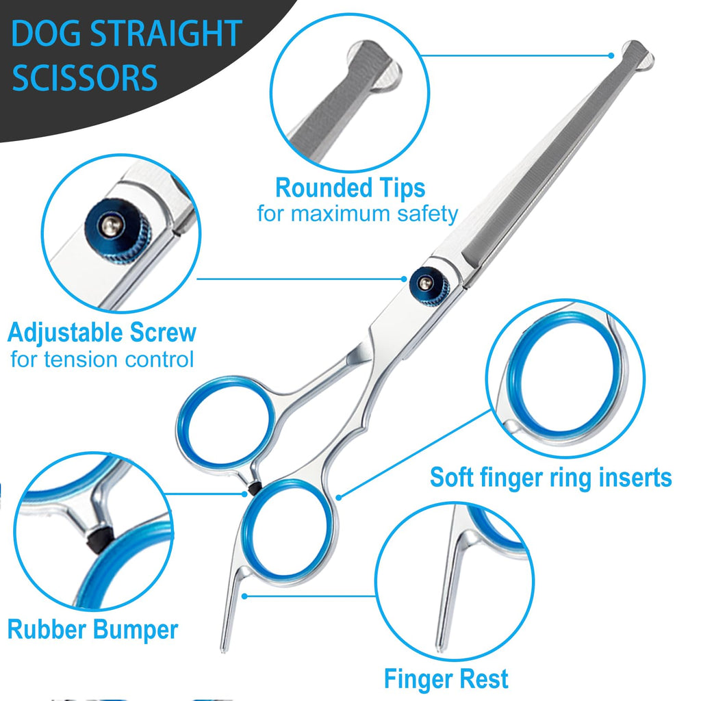 5 in 1 Pet Grooming Scissors Kit with Safety Round Tips, Stainless Steel Dog & Cat Grooming Shears, Thinning, Straight & Curved Scissors