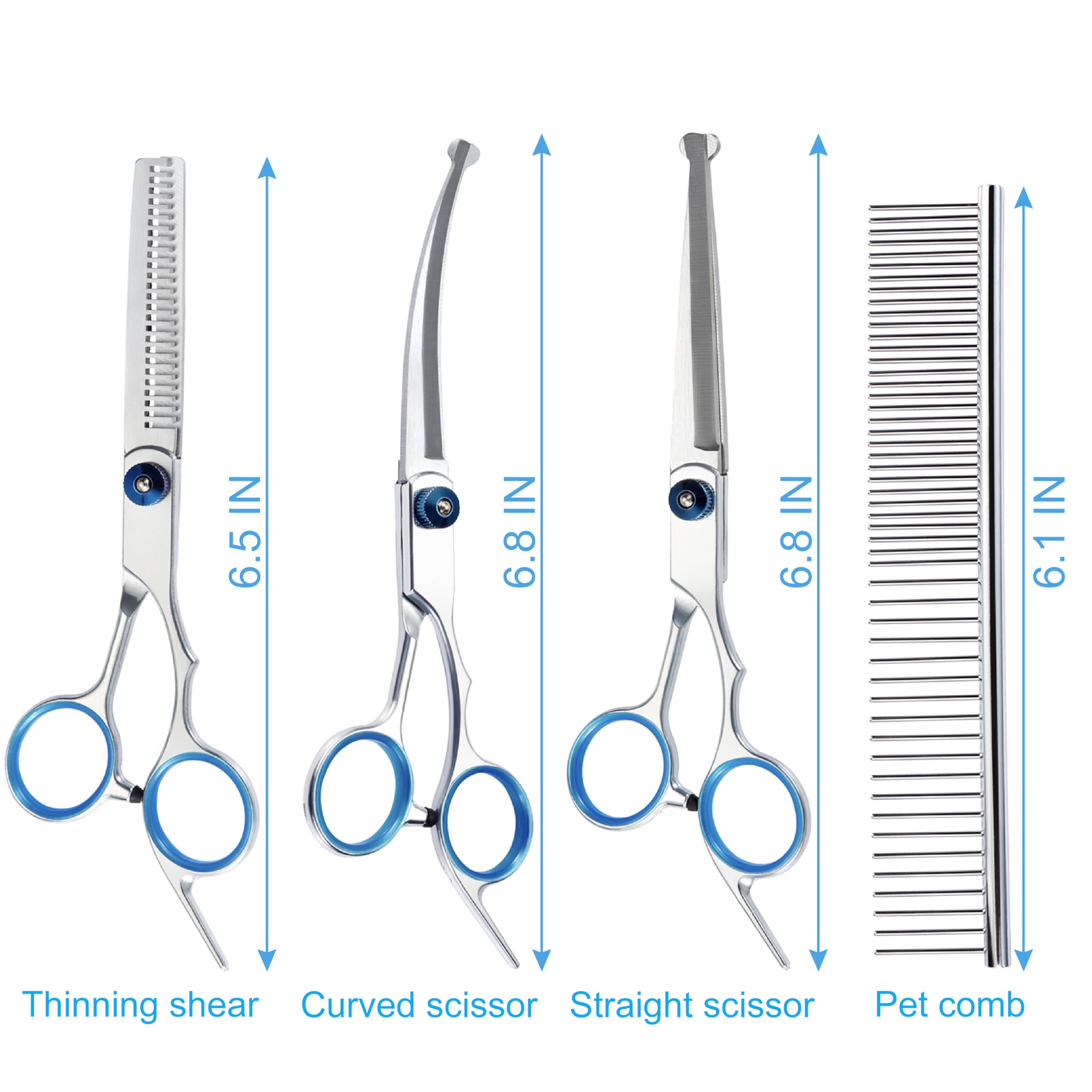 5 in 1 Pet Grooming Scissors Kit with Safety Round Tips, Stainless Steel Dog & Cat Grooming Shears, Thinning, Straight & Curved Scissors