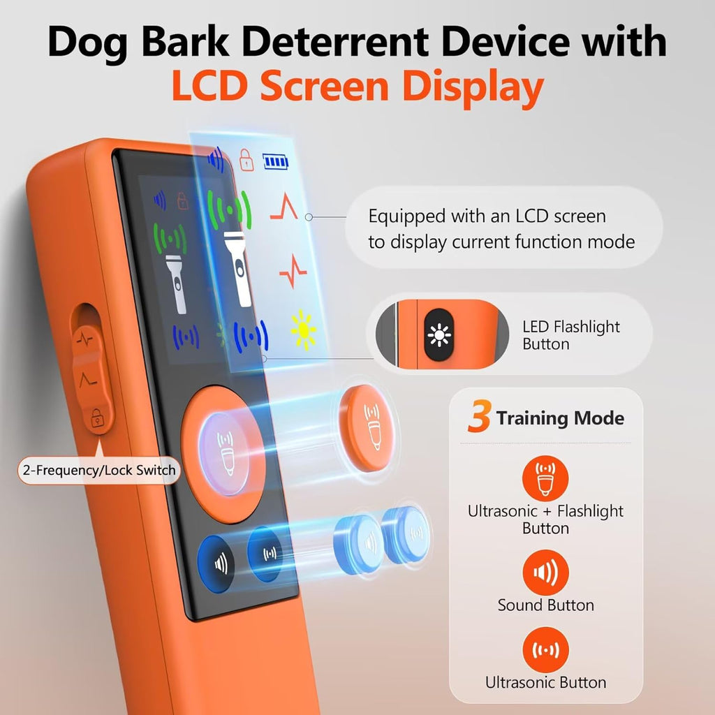 RALYUNI Ultrasonic Dog Bark Deterrent Device with LCD Screen 3 Modes Orange