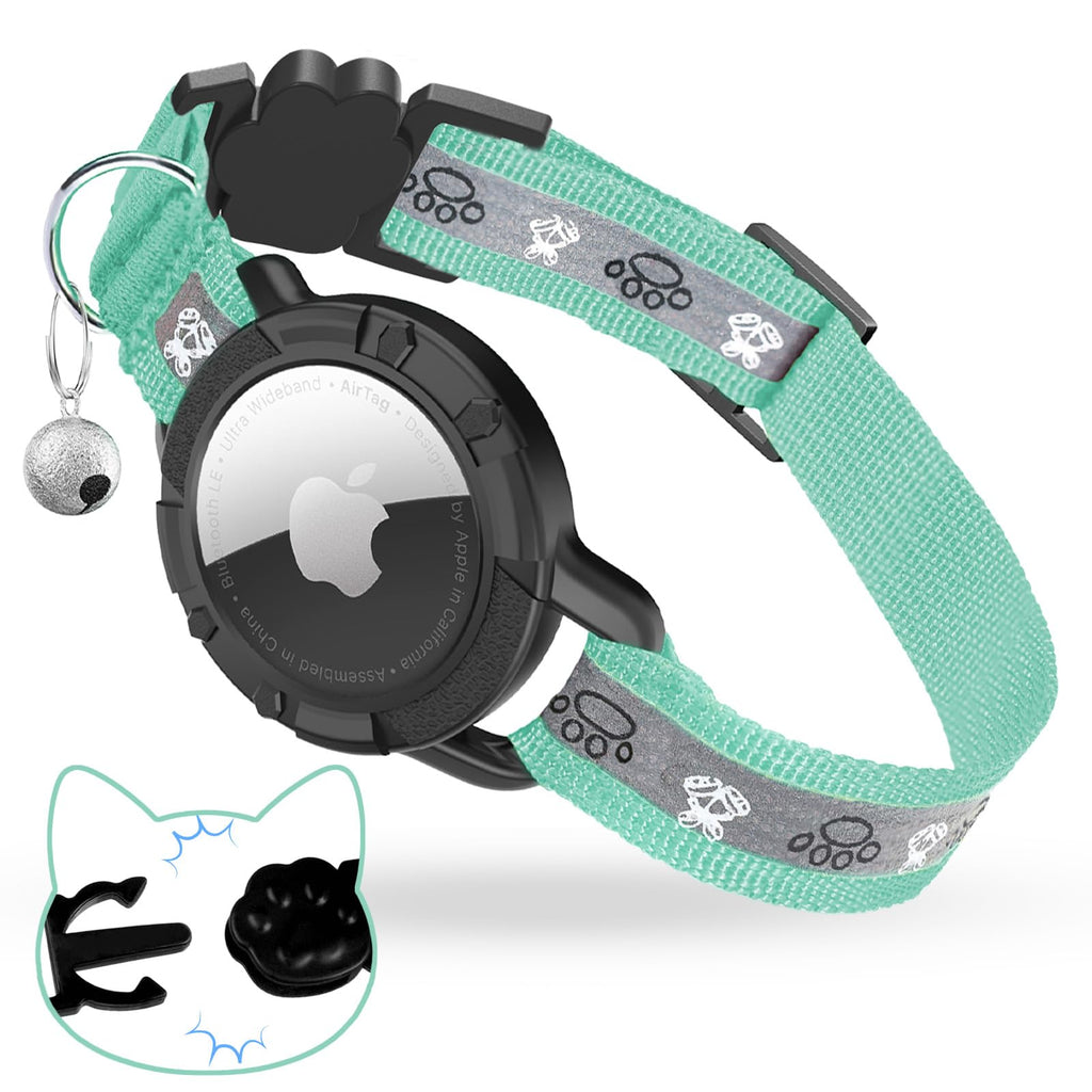 Reflective AirTag Cat Collar with Integrated AirTag Holder, Adjustable Nylon Safety Collar with Bell for Cats, Kittens & Puppies, Green S
