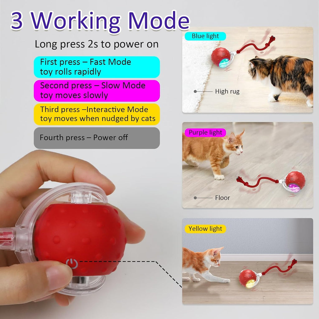 Interactive Rolling Cat Toy Ball for Indoor Cats – Rechargeable Motion-Activated Ball with Chirping Sound, 3 Play Modes for Carpet & Hard Floors, Red