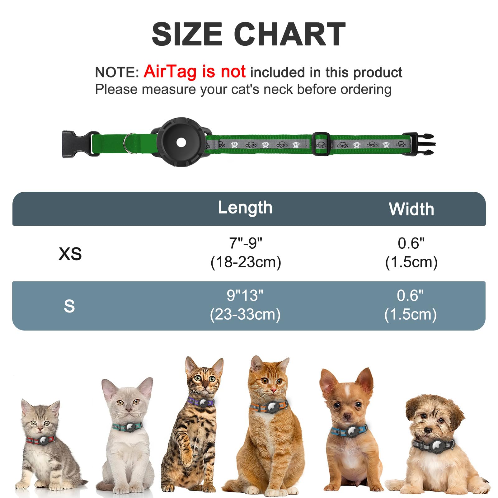 Reflective AirTag Cat Collar with Integrated AirTag Holder, Adjustable Nylon Safety Collar with Bell for Cats, Kittens & Puppies, Green S