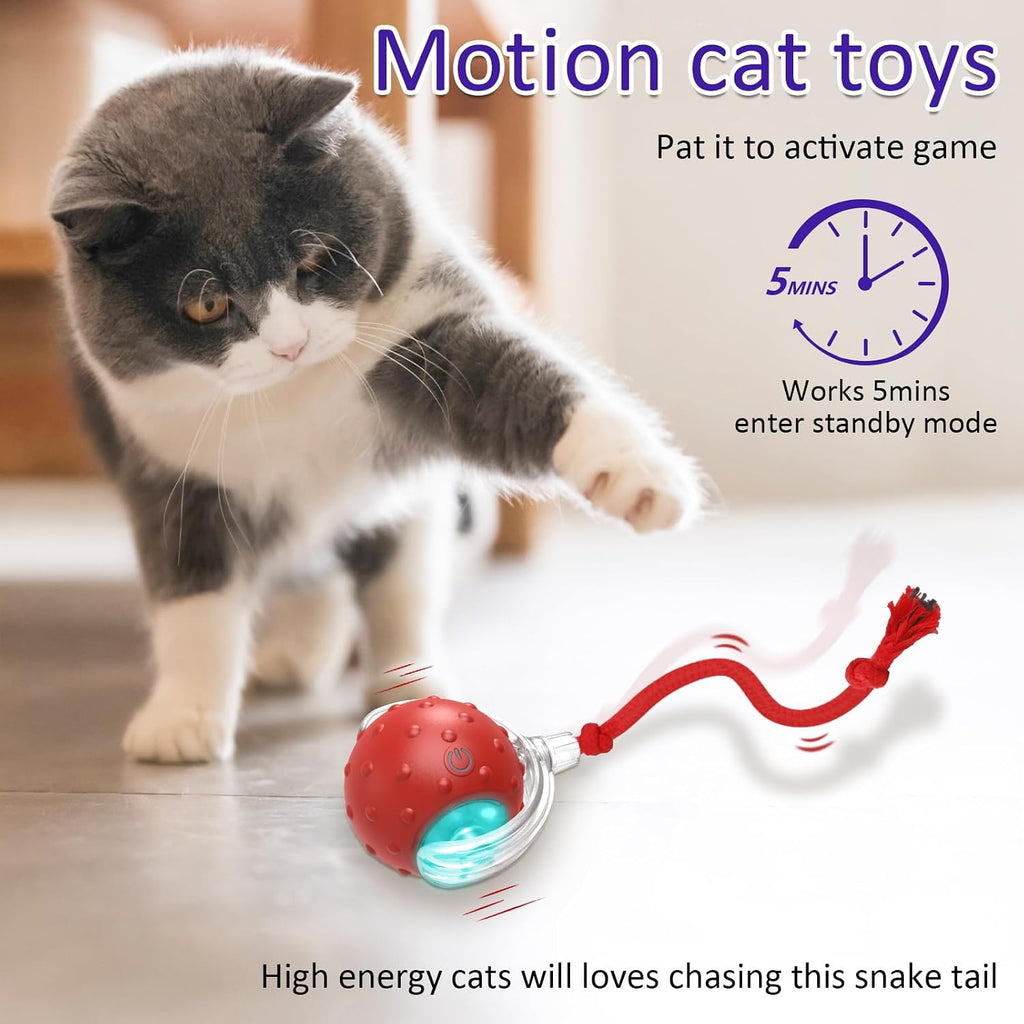 Interactive Rolling Cat Toy Ball for Indoor Cats – Rechargeable Motion-Activated Ball with Chirping Sound, 3 Play Modes for Carpet & Hard Floors, Red
