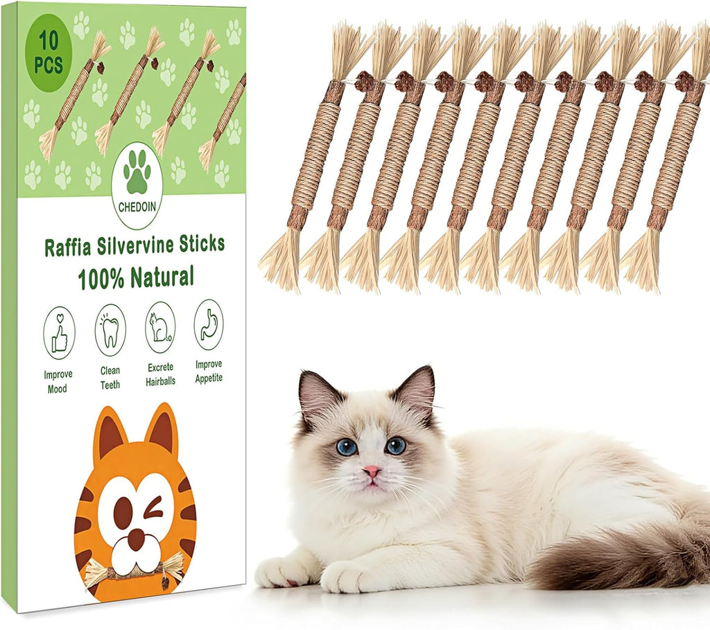 10 Pack Silvervine Cat Chew Sticks, Natural Catnip Rope Toys for Teething, Indoor Cat Enrichment & Interactive Chew Toys