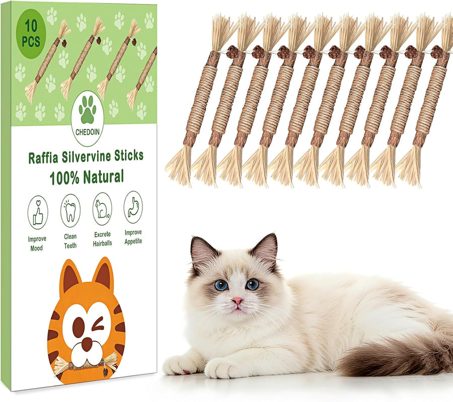 10 Pack Silvervine Cat Chew Sticks, Natural Catnip Rope Toys for Teething, Indoor Cat Enrichment & Interactive Chew Toys