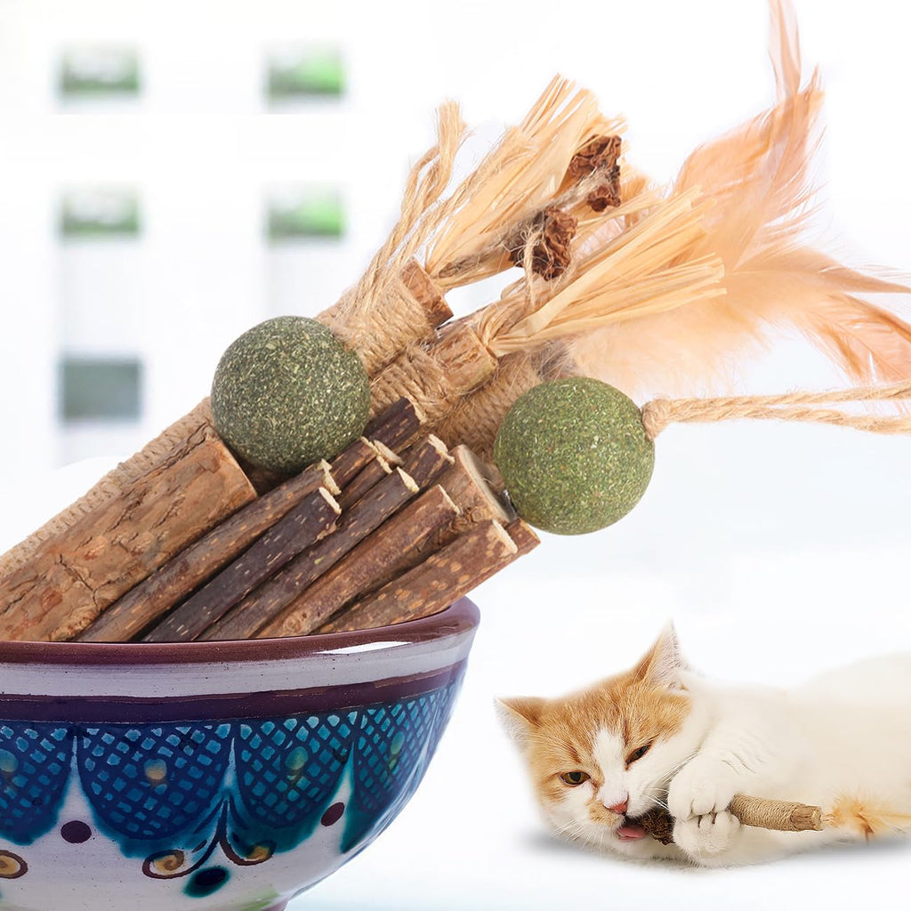 Natural Cat Chew Toys with Silvervine & Catnip, 20 Pack Indoor Cat Dental Chew Toys for Teeth Cleaning & Interactive Play