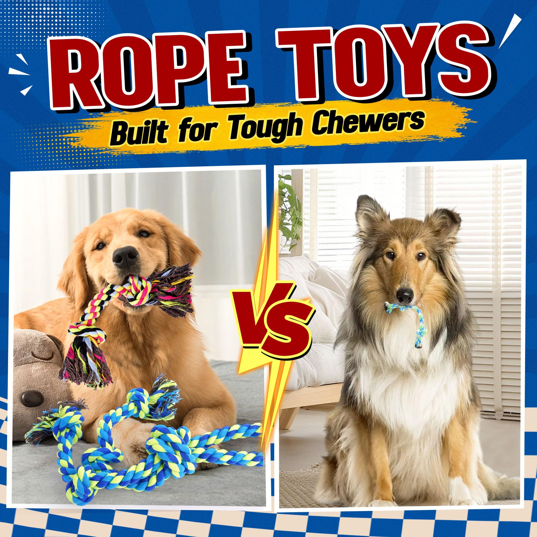 Heavy Duty Rope Dog Toys for Aggressive Chewers – 3-Pack Tough Tug-of-War & Dental Chew Toys with 2 Dog Waste Bags for Large Dogs