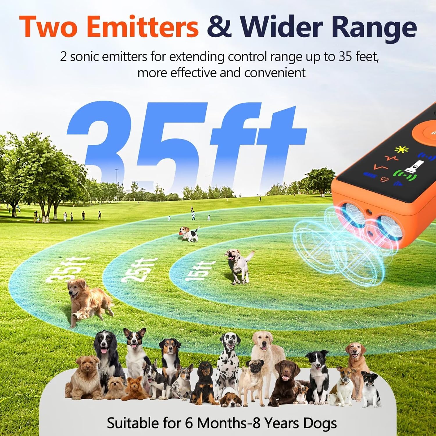 RALYUNI Ultrasonic Dog Bark Deterrent Device with LCD Screen 3 Modes Orange