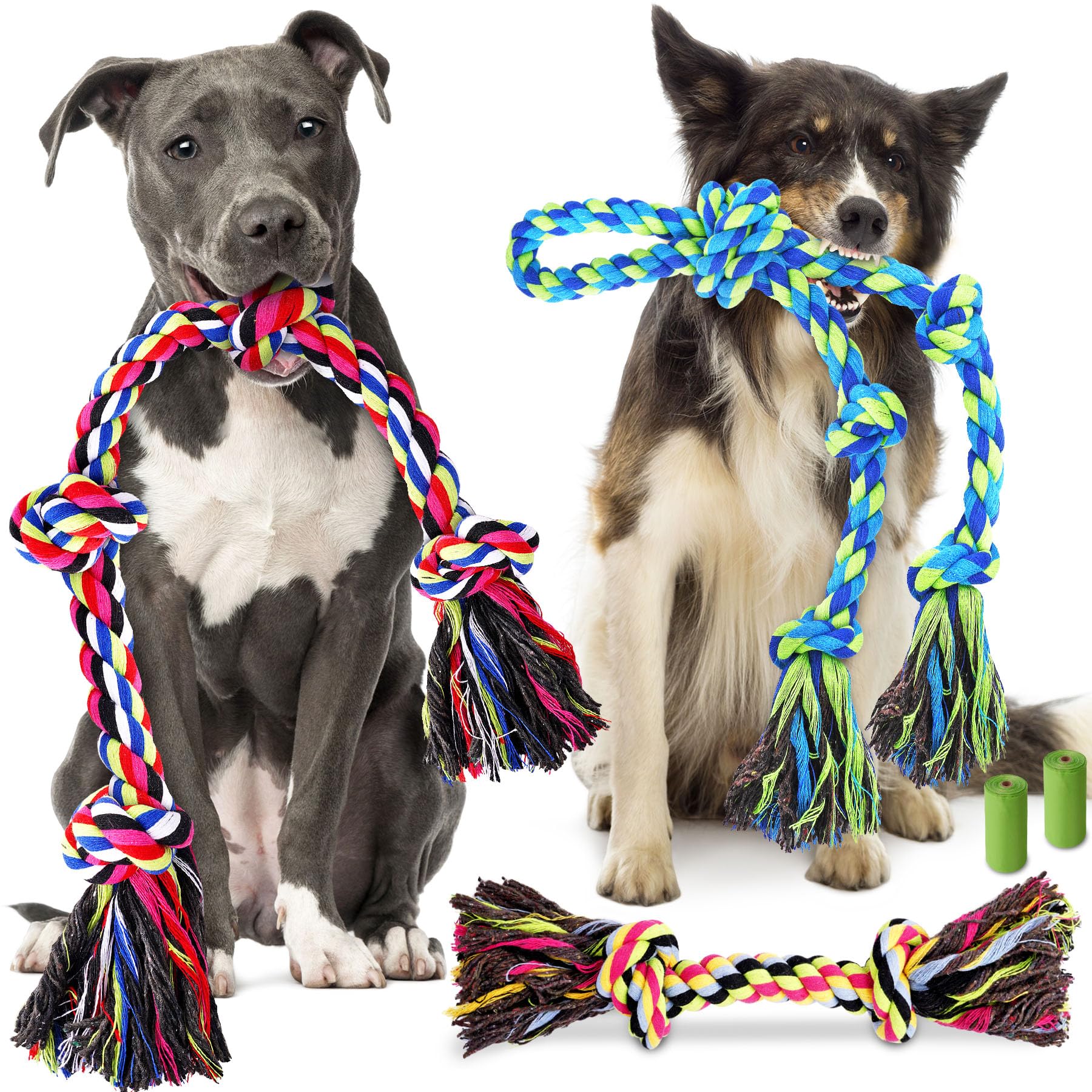 Heavy Duty Rope Dog Toys for Aggressive Chewers – 3-Pack Tough Tug-of-War & Dental Chew Toys with 2 Dog Waste Bags for Large Dogs
