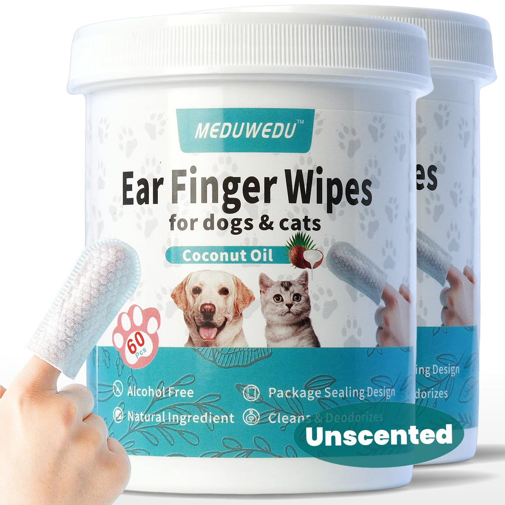 Dog & Cat Ear Cleaner Finger Wipes – 60 Count Soft Otic Cleaning Pads with Coconut Scent for Removing Wax, Dirt & Odor