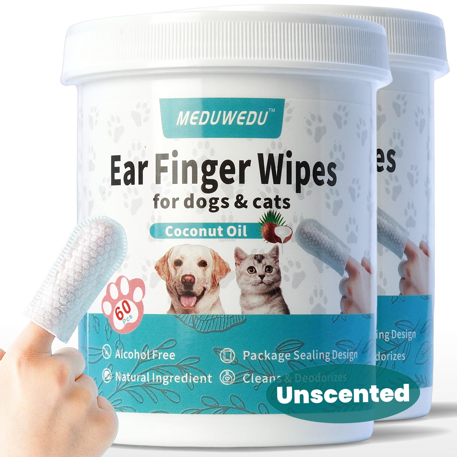Dog & Cat Ear Cleaner Finger Wipes – 60 Count Soft Otic Cleaning Pads with Coconut Scent for Removing Wax, Dirt & Odor