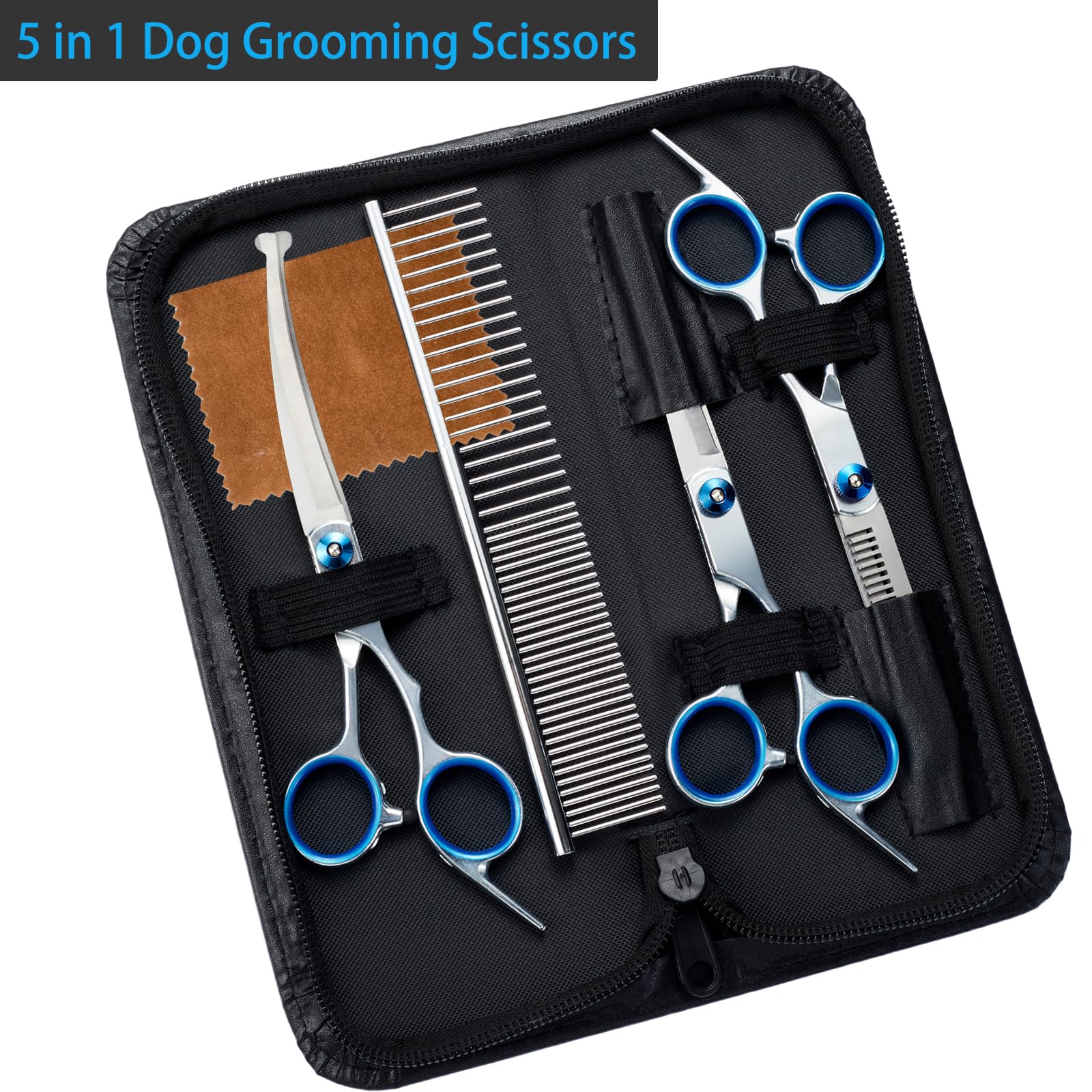5 in 1 Pet Grooming Scissors Kit with Safety Round Tips, Stainless Steel Dog & Cat Grooming Shears, Thinning, Straight & Curved Scissors