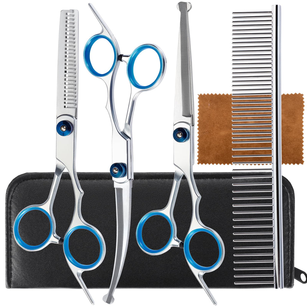5 in 1 Pet Grooming Scissors Kit with Safety Round Tips, Stainless Steel Dog & Cat Grooming Shears, Thinning, Straight & Curved Scissors
