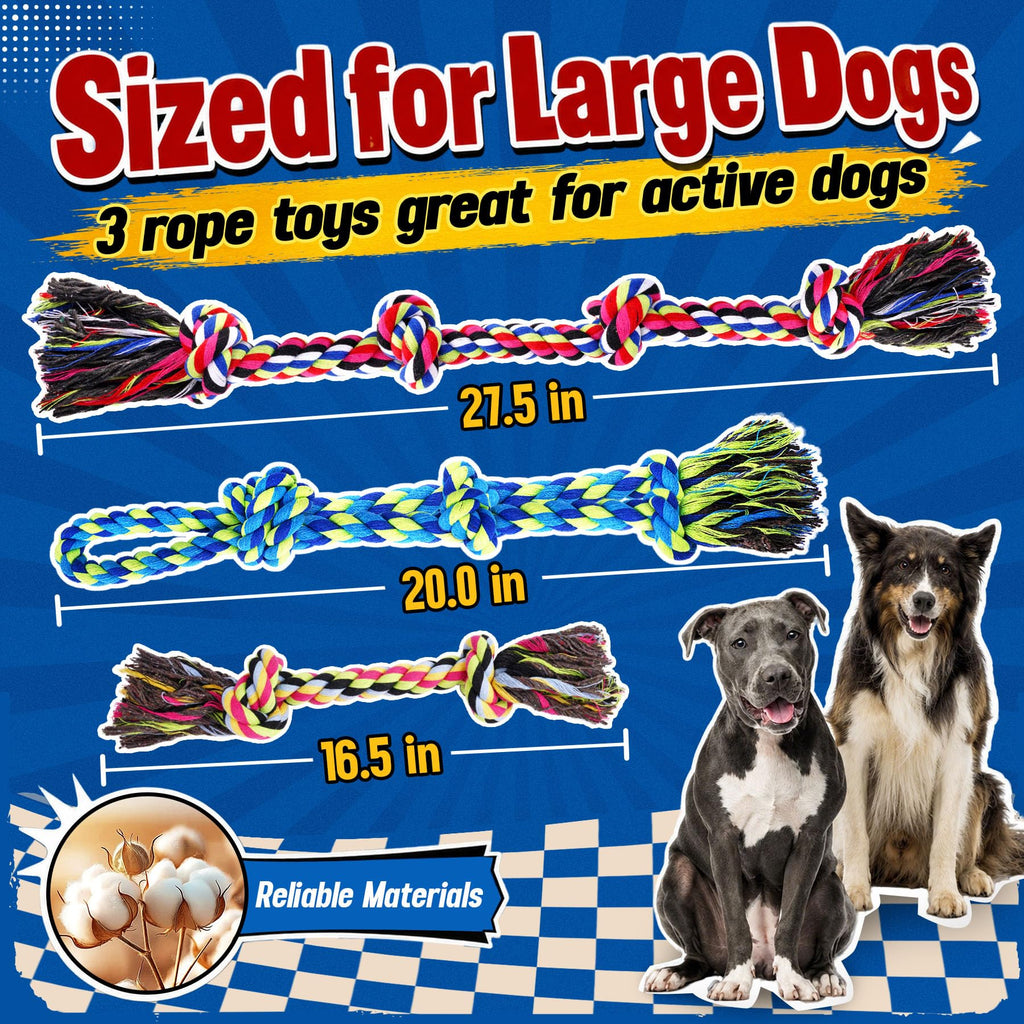 Heavy Duty Rope Dog Toys for Aggressive Chewers – 3-Pack Tough Tug-of-War & Dental Chew Toys with 2 Dog Waste Bags for Large Dogs
