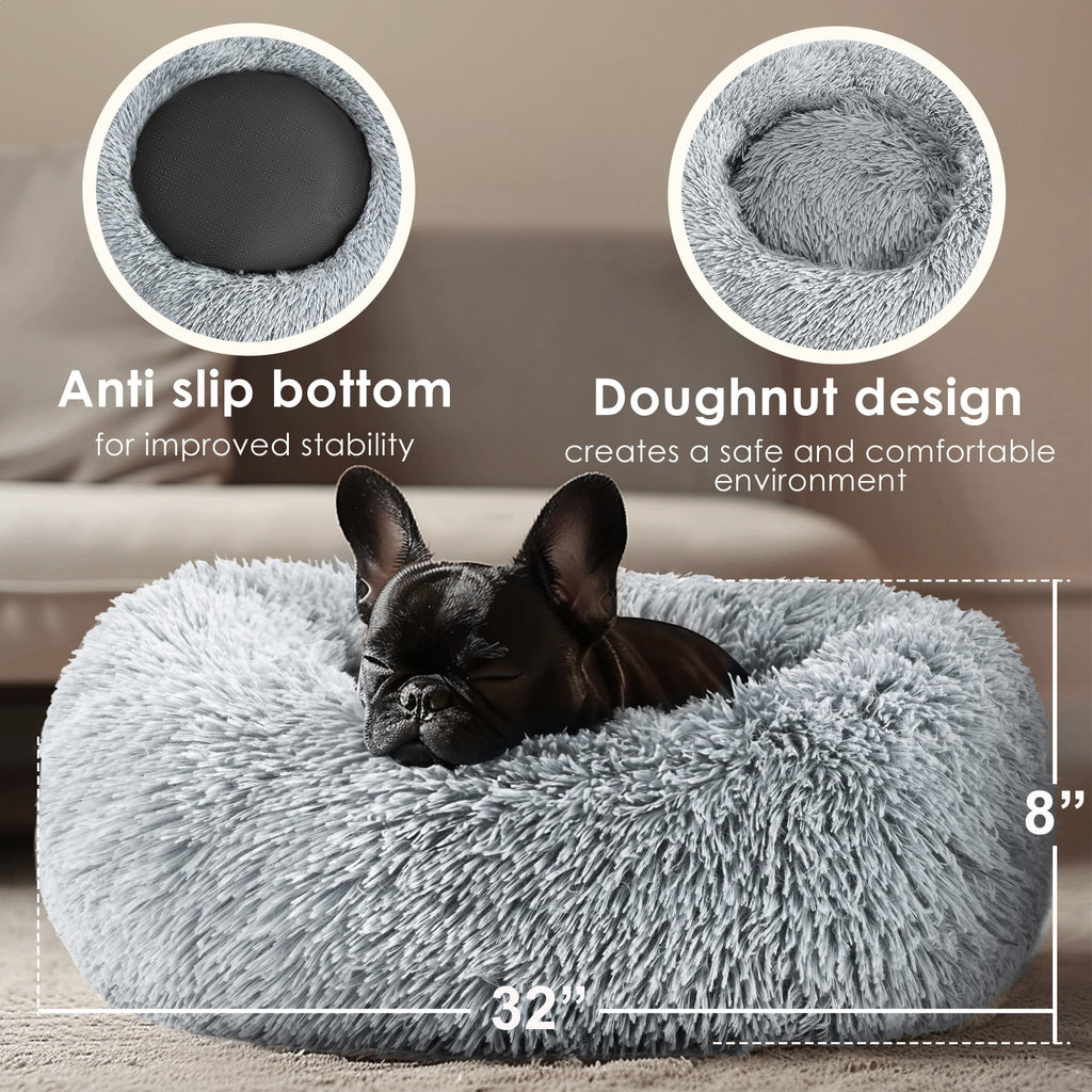 Hoewina Dog & Cat Bed for Indoor Cats, 20in Calming Donut Bed for Puppy and Kitten, Washable Round Fluffy Pet Bed for Small Medium Dogs and Cats (Light Grey)