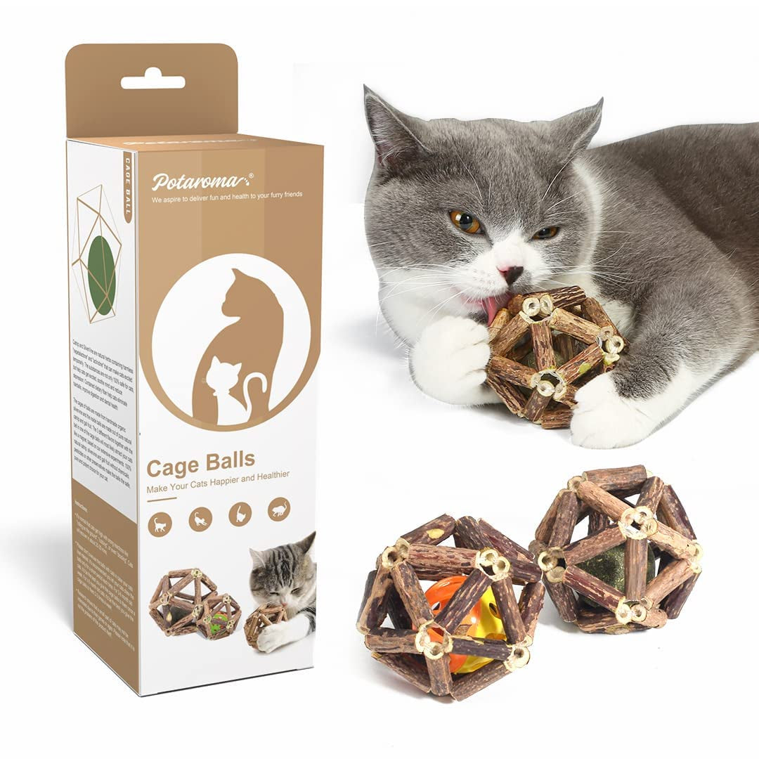 3 Pack Natural Silvervine & Catnip Cat Chew Toys with Bell Ball, Hand-Woven Cage Balls for Indoor Cats and Kittens