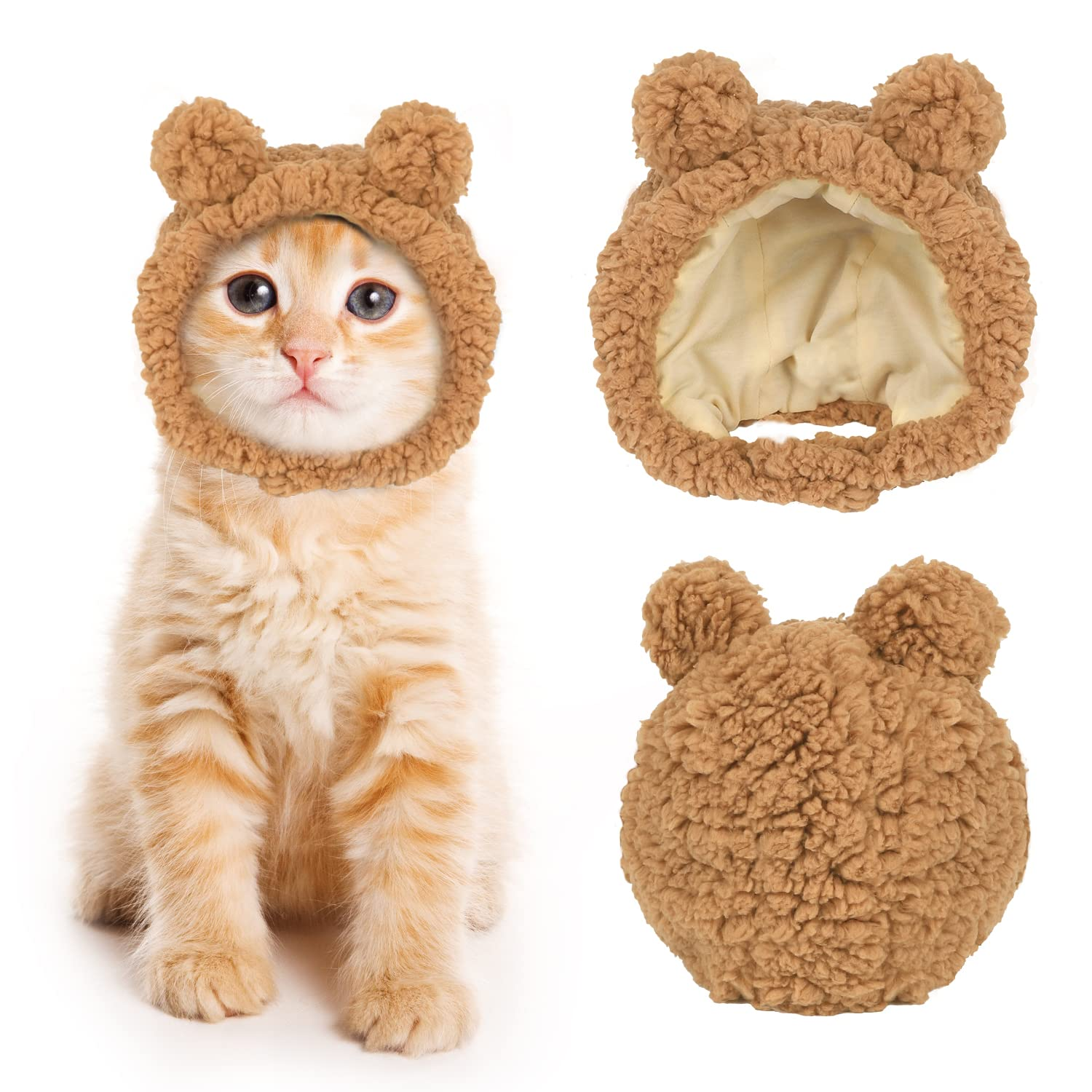 Cute Bear Hat for Cats and Small Dogs, Adjustable Soft Plush Pet Headwear, Warm Winter Costume, Brown