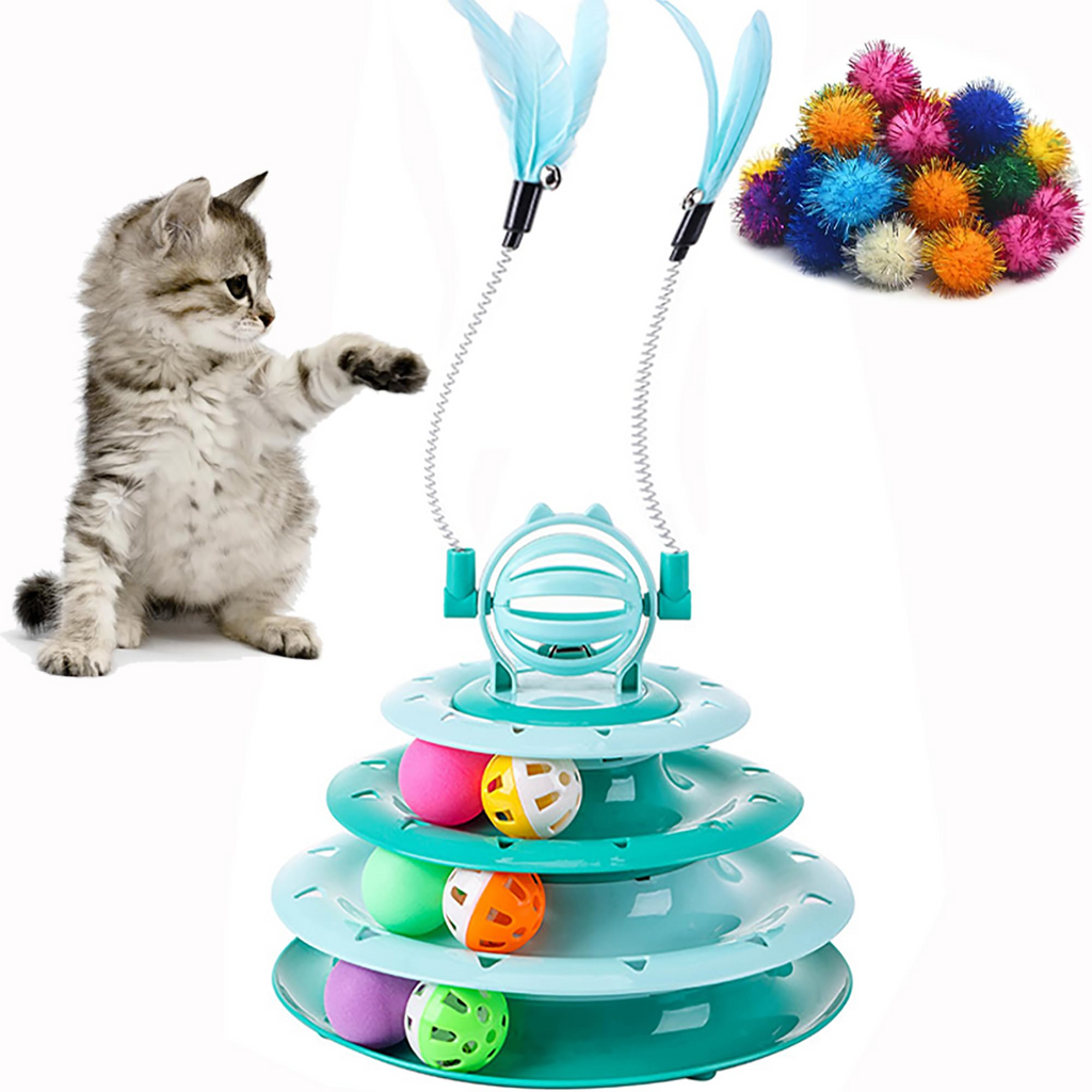 4-Level Cat Toy Roller with 14 Pom Pom Balls – Interactive Turntable Puzzle Toy for Indoor Cats & Kittens, Green