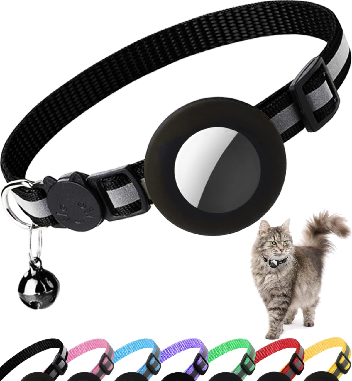 Reflective Breakaway Cat Collar with AirTag Holder, Adjustable Lightweight Nylon Collar with Bell, Waterproof AirTag Case, Black