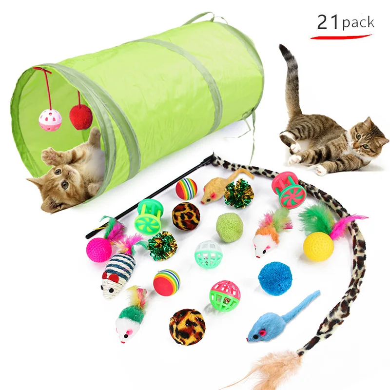Kitten Toys Variety Pack with Cat Wand, Sisal Mouse, Bell Ball & Storage Bag, Interactive Cat Toy Set for Indoor Cats