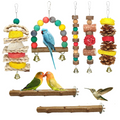 7 Piece Natural Wood Bird Toy & Perch Set for Parakeets, Cockatiels, Lovebirds & Budgies, Hanging Cage Play Accessory