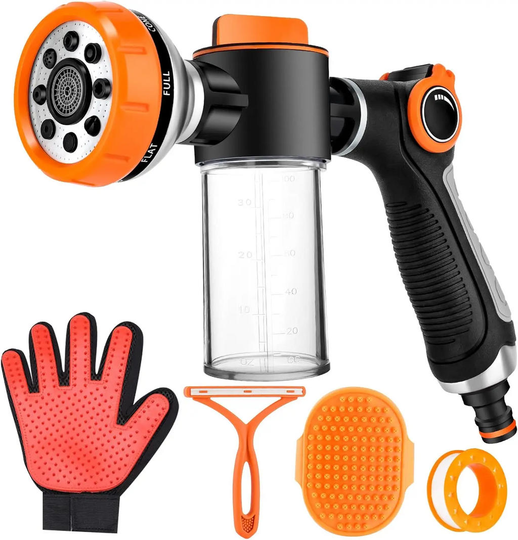 8-in-1 Dog Shower Sprayer with Soap Dispenser, High-Pressure Pet Bath Hose Nozzle, Foam Sprayer Kit with Grooming Accessories