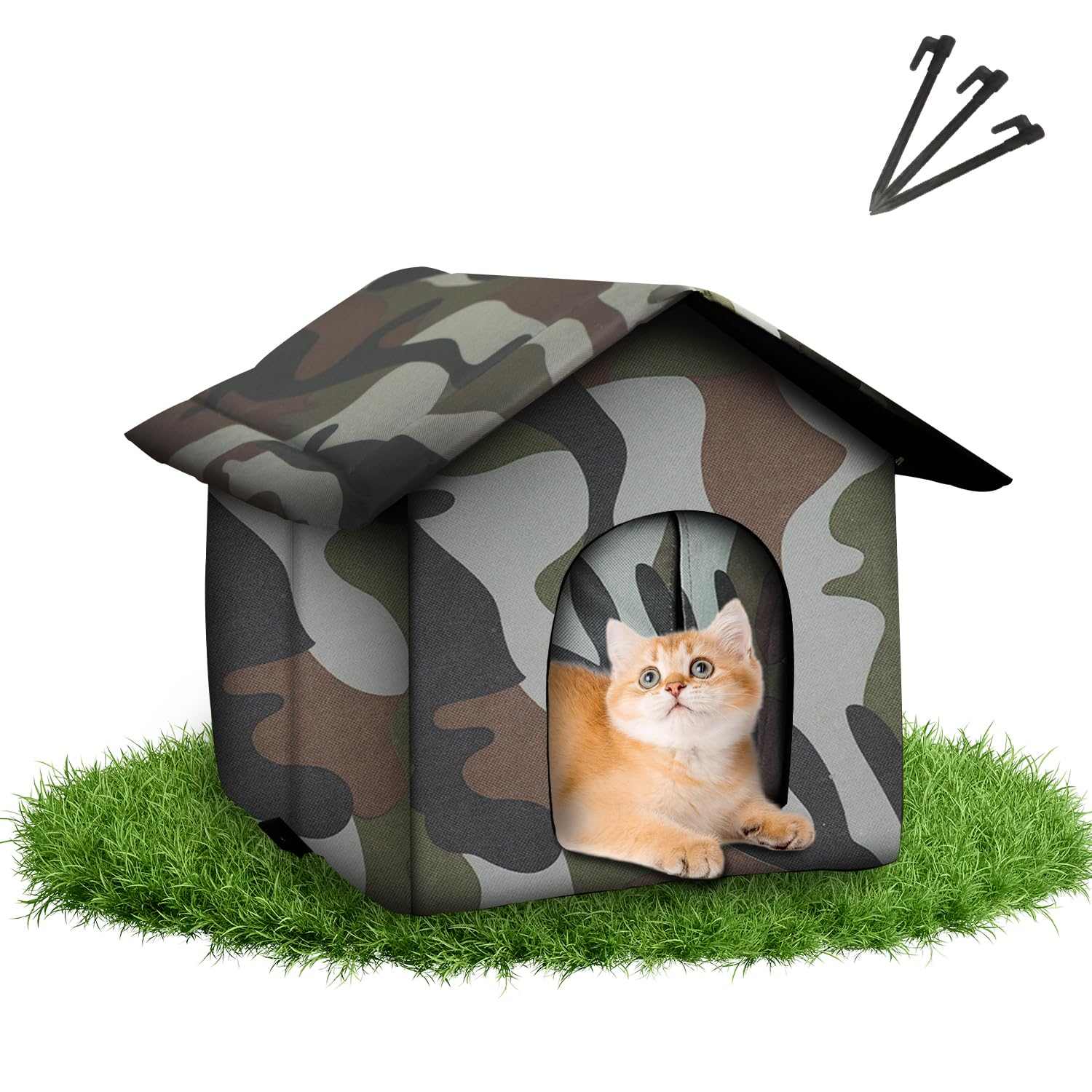 Outdoor Cat House for Outdoor Cats – Waterproof 600D Oxford Feral Cat Shelter with Insulated Mat, Foldable Weatherproof Pet House for Winter, Green