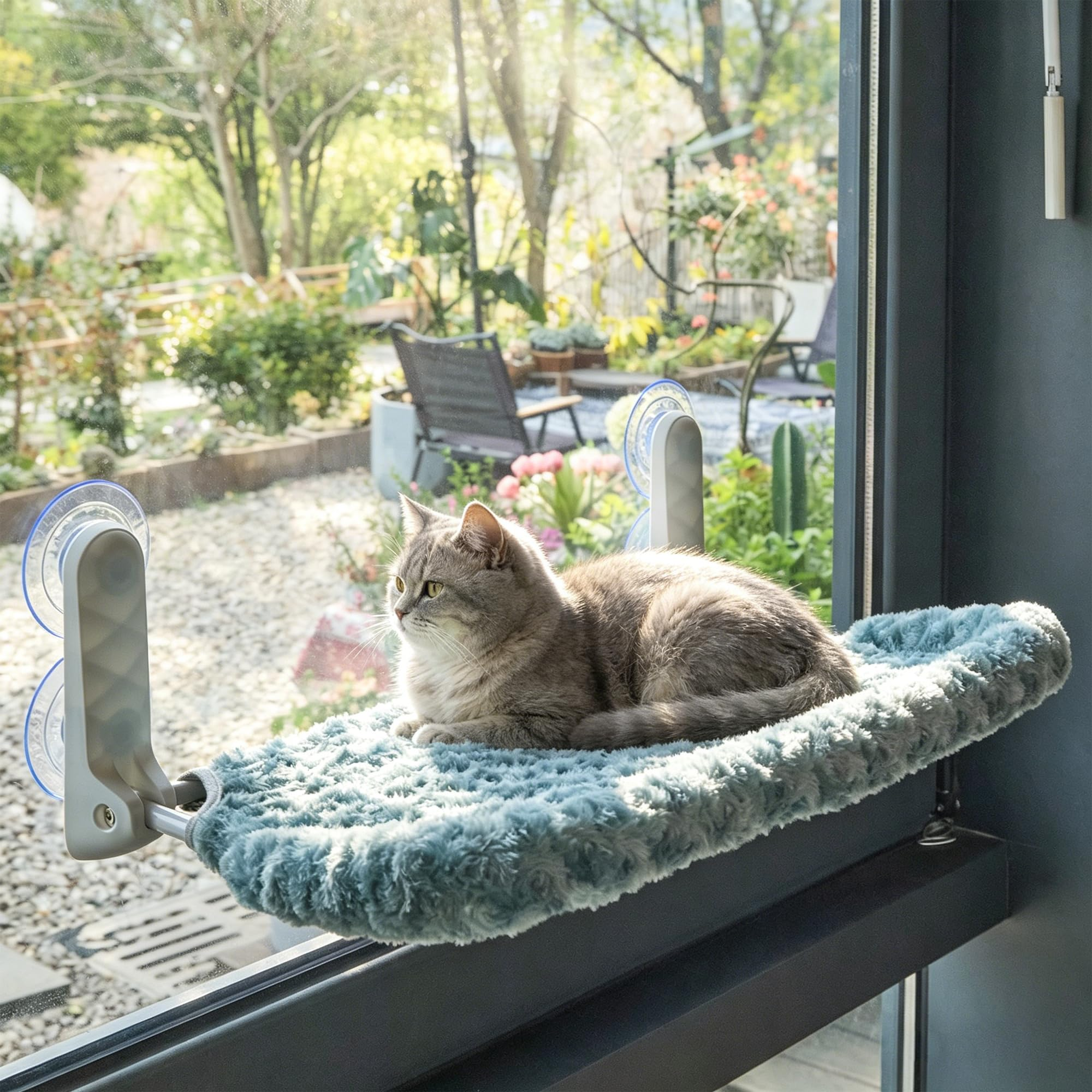 Cat Window Perch with Cushion Rim, Portable Wall Hammock with Heavy-Duty Suction Cups, Plush & Breathable Design, Green