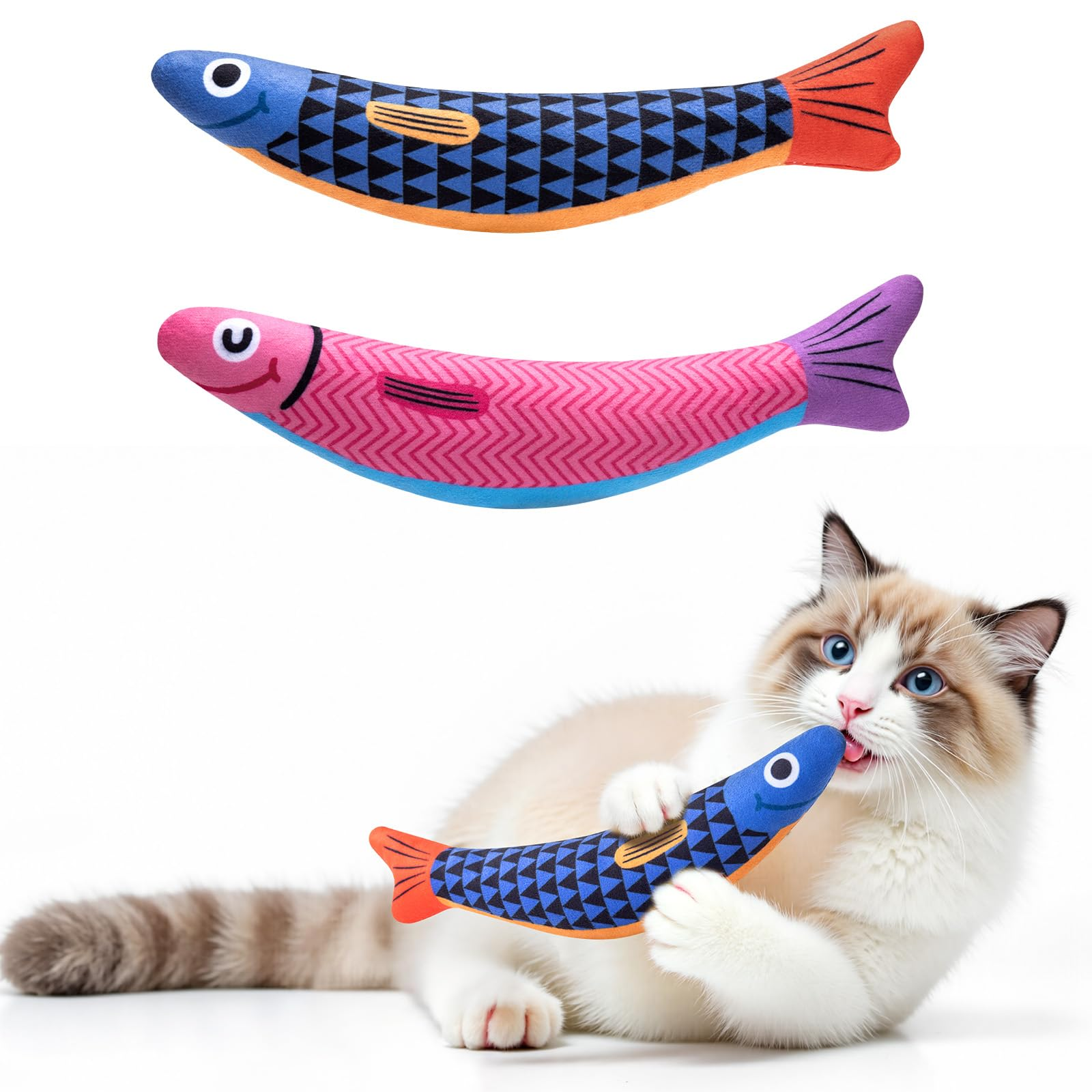 Interactive Catnip Fish Toy for Indoor Cats – Soft Cat Kicker Toy with Catnip, Silvervine, Crinkle Paper & Rattle Ball for Cats & Kittens