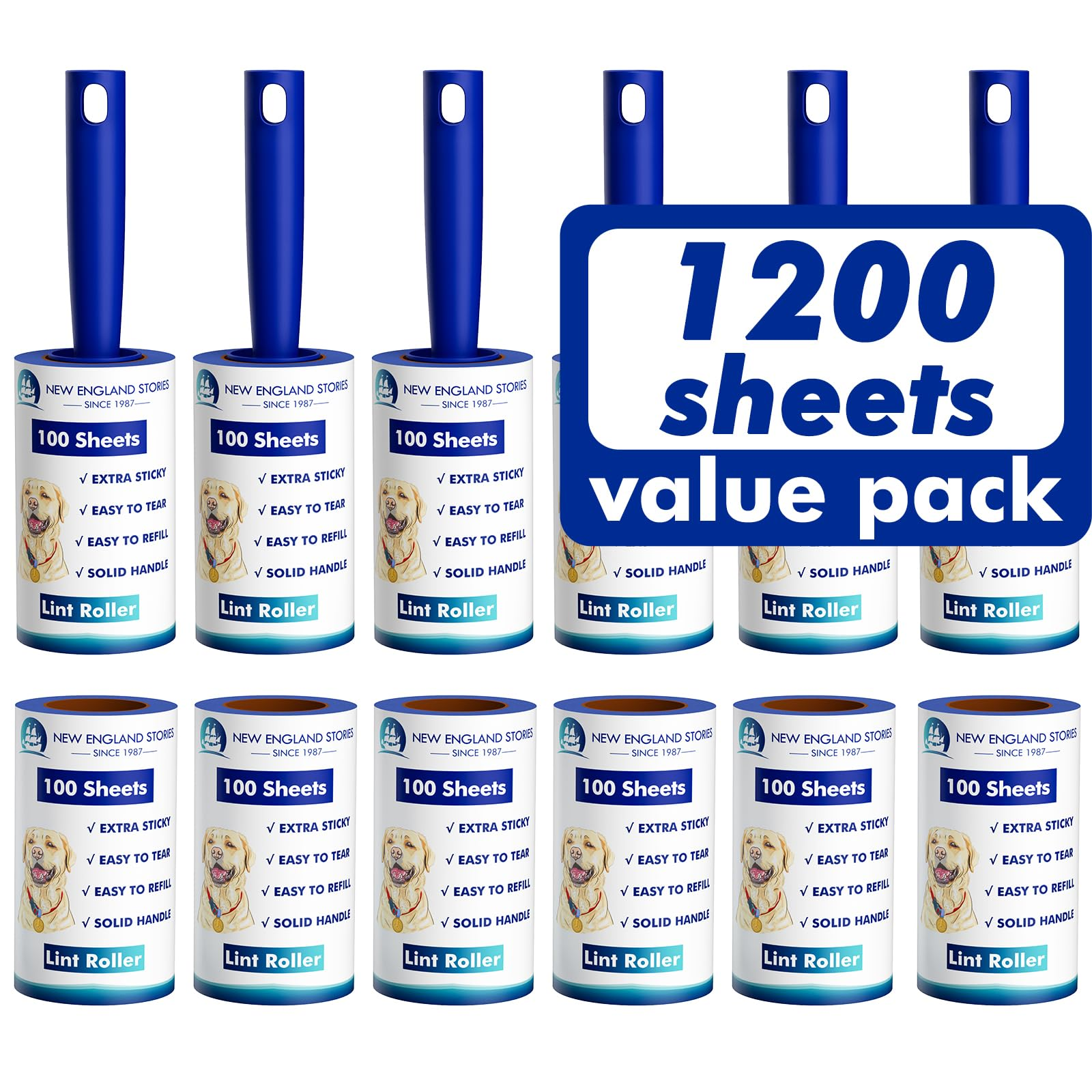 1200 Sheet Lint Roller Value Set with 6 Handles and 6 Refills, Sticky Pet Hair Remover for Clothes, Furniture, Carpet, Bedding & Car