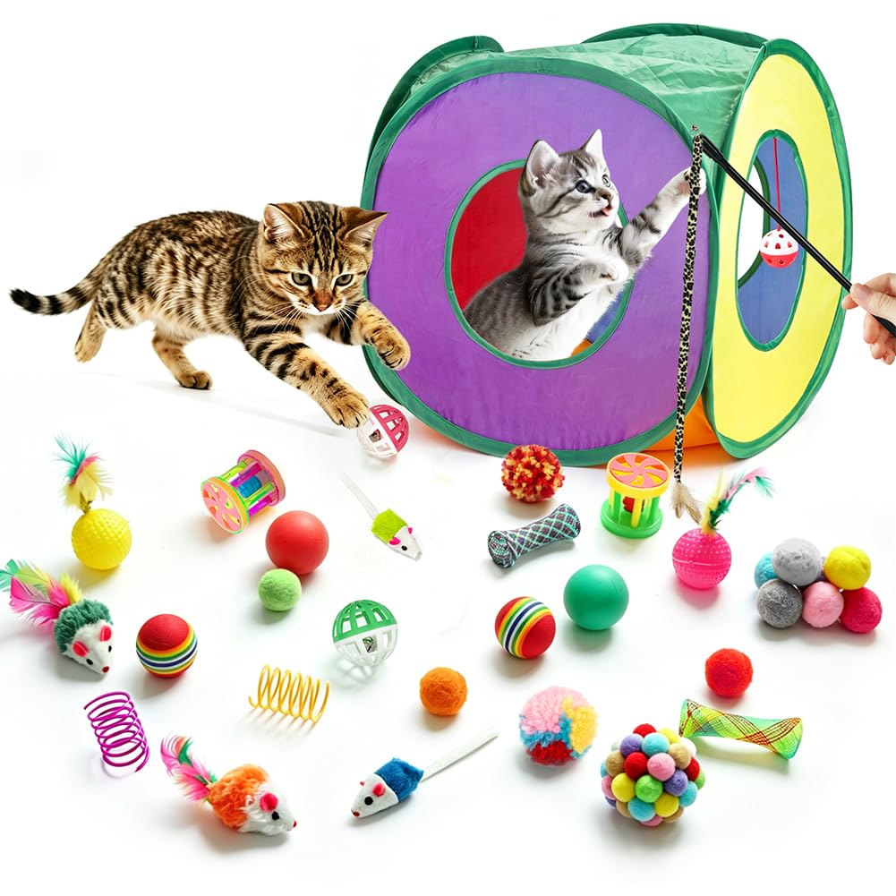 33-Pack Cat Toys for Indoor Cats – Collapsible Cat Tunnel with Feather Wand, Balls, Springs, Mice & Interactive Kitten Play Set