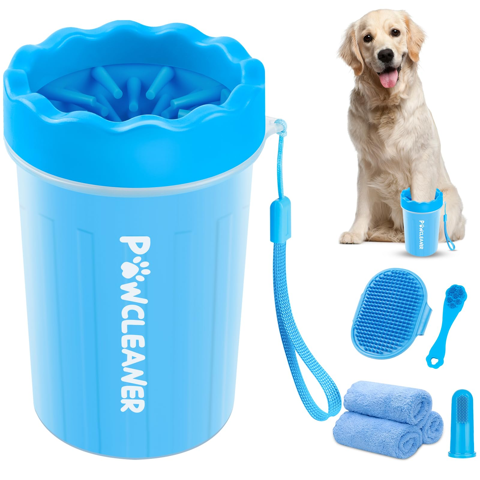 7-in-1 Dog Paw Cleaner for Dogs & Cats – Portable Paw Washer Kit with Bath Brush, 2 Toothbrushes & 3 Absorbent Towels, Medium, Blue