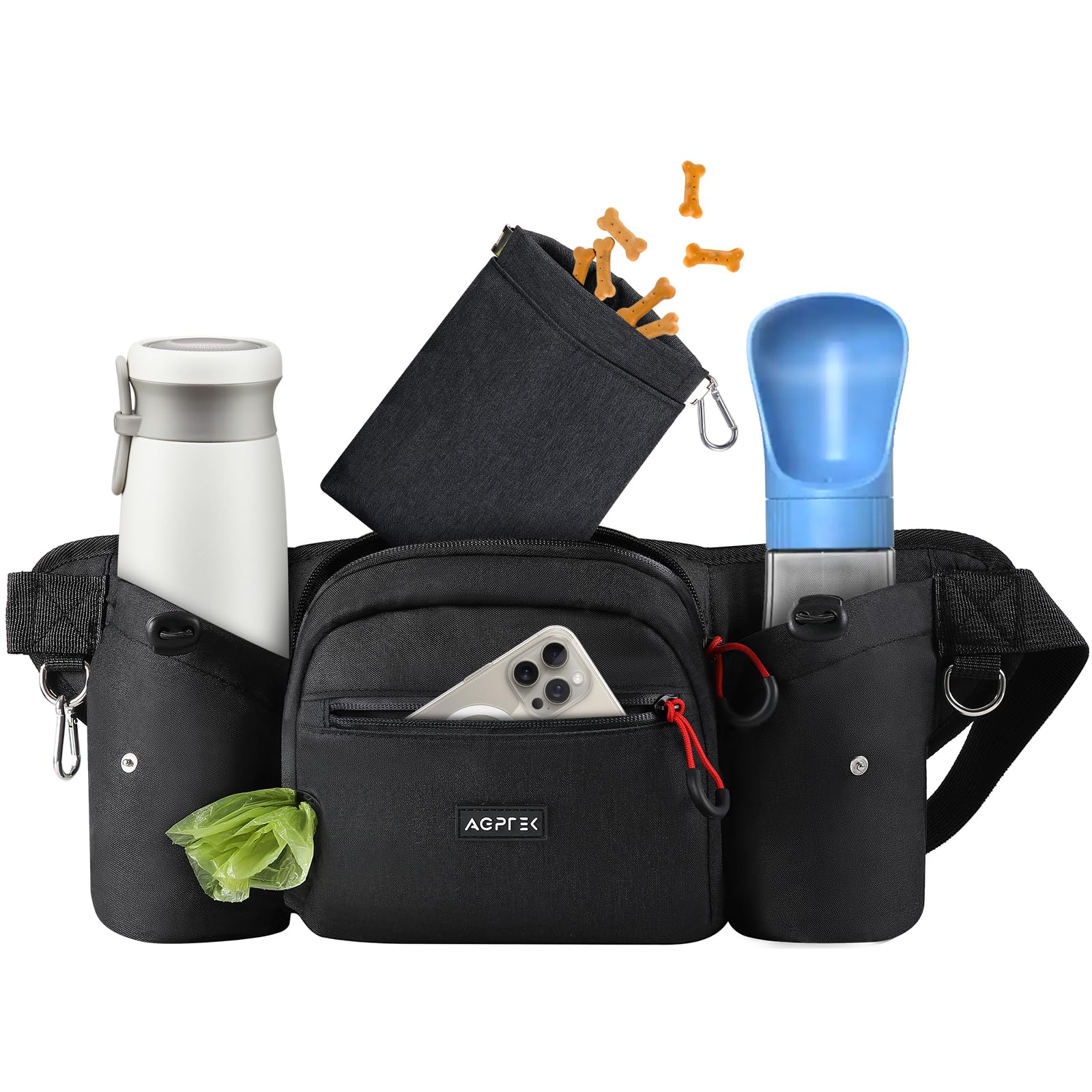 Dog Walking Fanny Pack with Treat Pouch – Adjustable Waist Bag with Removable Snack Pouch, Water Bottle Holder, Poop Bag Dispenser & Waterproof Zipper, Black