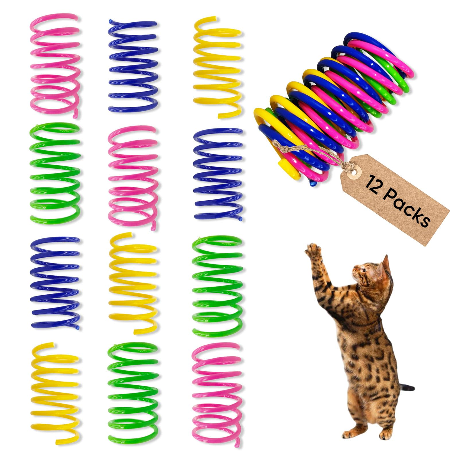 12 Pack Cat Spring Toys, Colorful Durable Plastic Spiral Springs for Indoor Cats & Kittens, Interactive Chase and Swat Toy Set