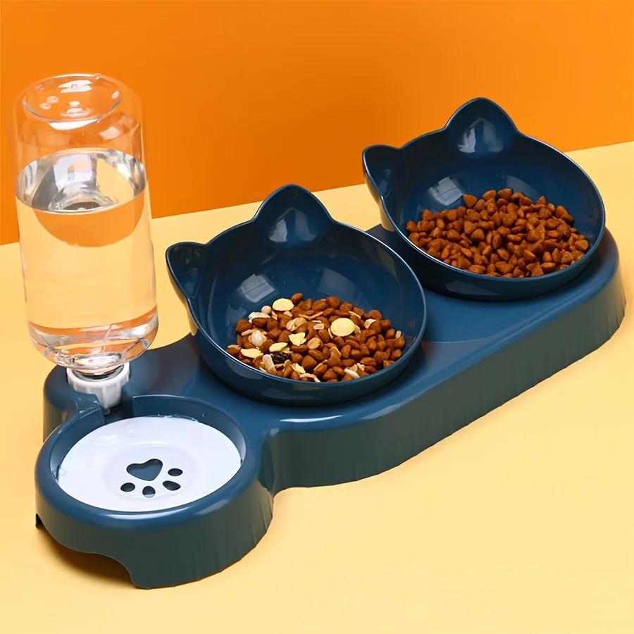 3-in-1 Tilted Pet Food & Water Bowl Set with Gravity Water Feeder, Ear-Shaped Cat & Small Pet Feeding Station