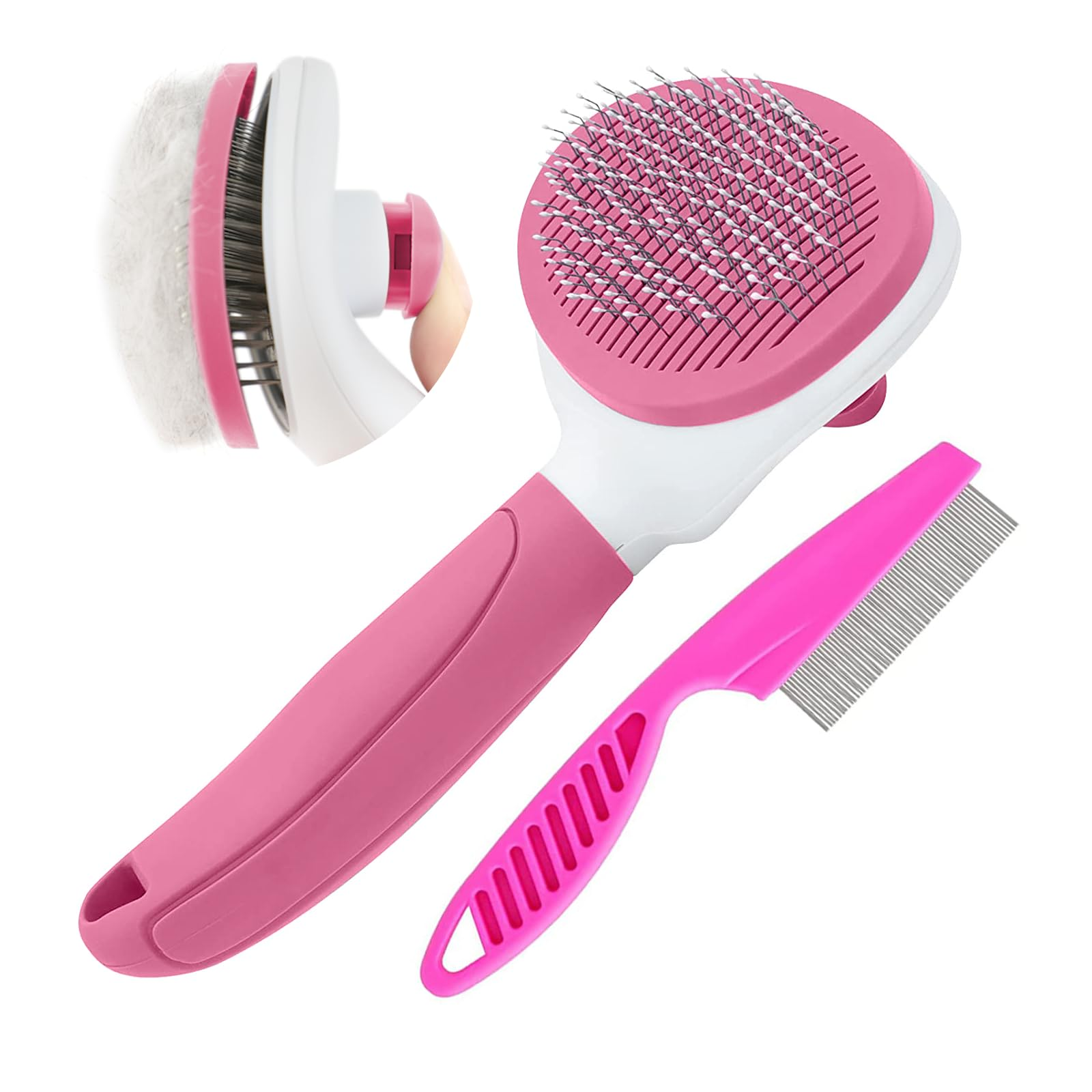 Self-Cleaning Pet Grooming Brush with Metal Comb, One-Click Hair Release, Stainless Steel Pins for Cats, Dogs & Rabbits, Pink