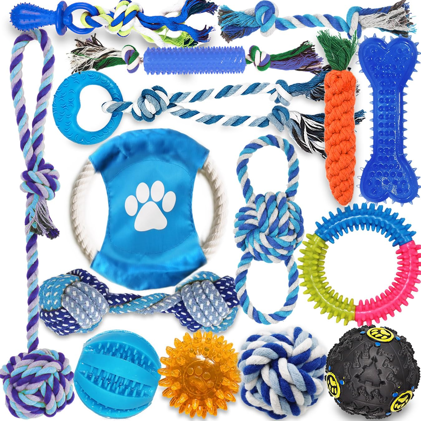 15-Pack Dog Toys for Small & Medium Dogs – Interactive Rope, Chew, Squeaky & Treat Dispensing Toys for Teething, Dental Care & Play