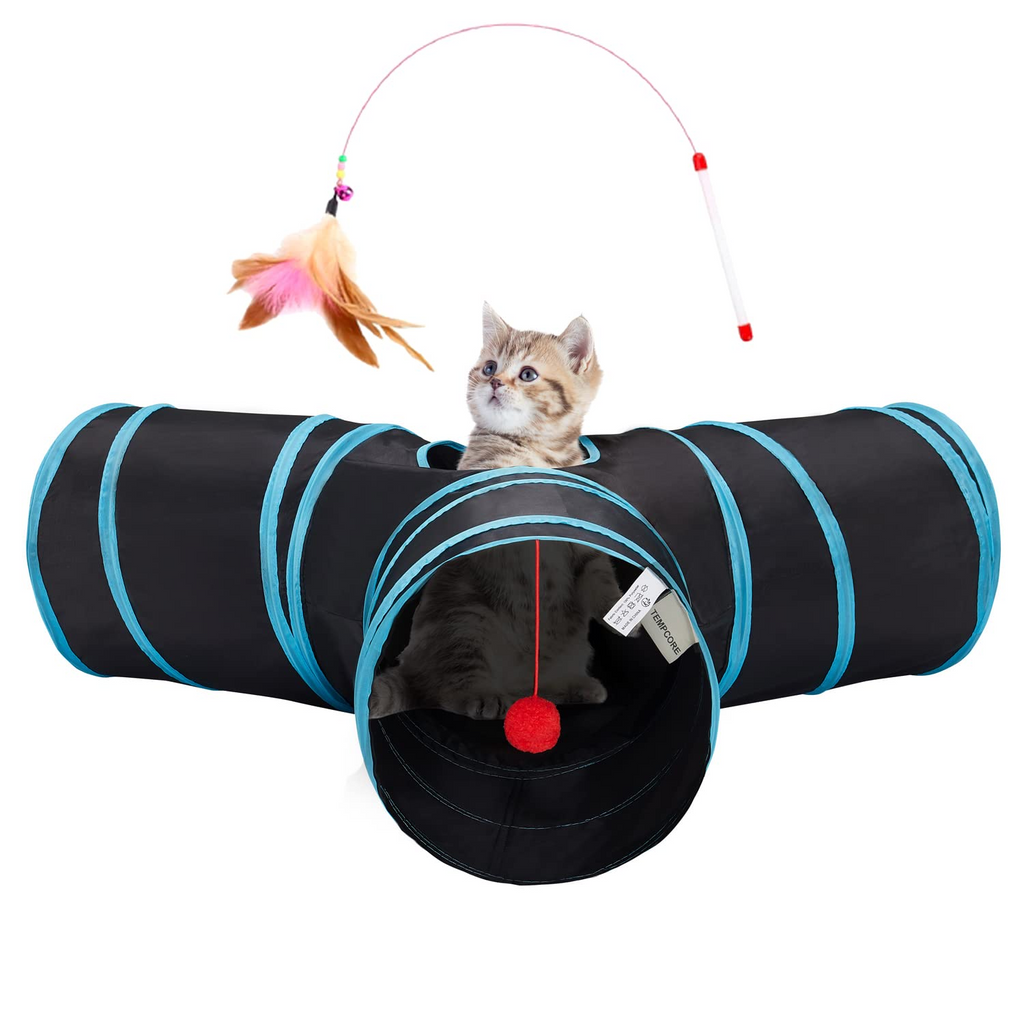 3-Way Collapsible Cat Tunnel Toy for Indoor Cats – Interactive Polyester Tube with Peek Holes, Hanging Ball & Teaser Wand, Black & Blu