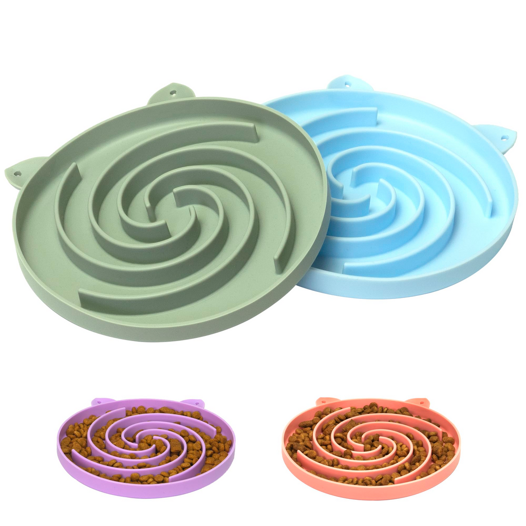 Silicone Slow Feeder Cat Bowl – Non-Slip Feeding Bowl for Dry & Wet Cat Food, Dishwasher Safe, Green & Blue