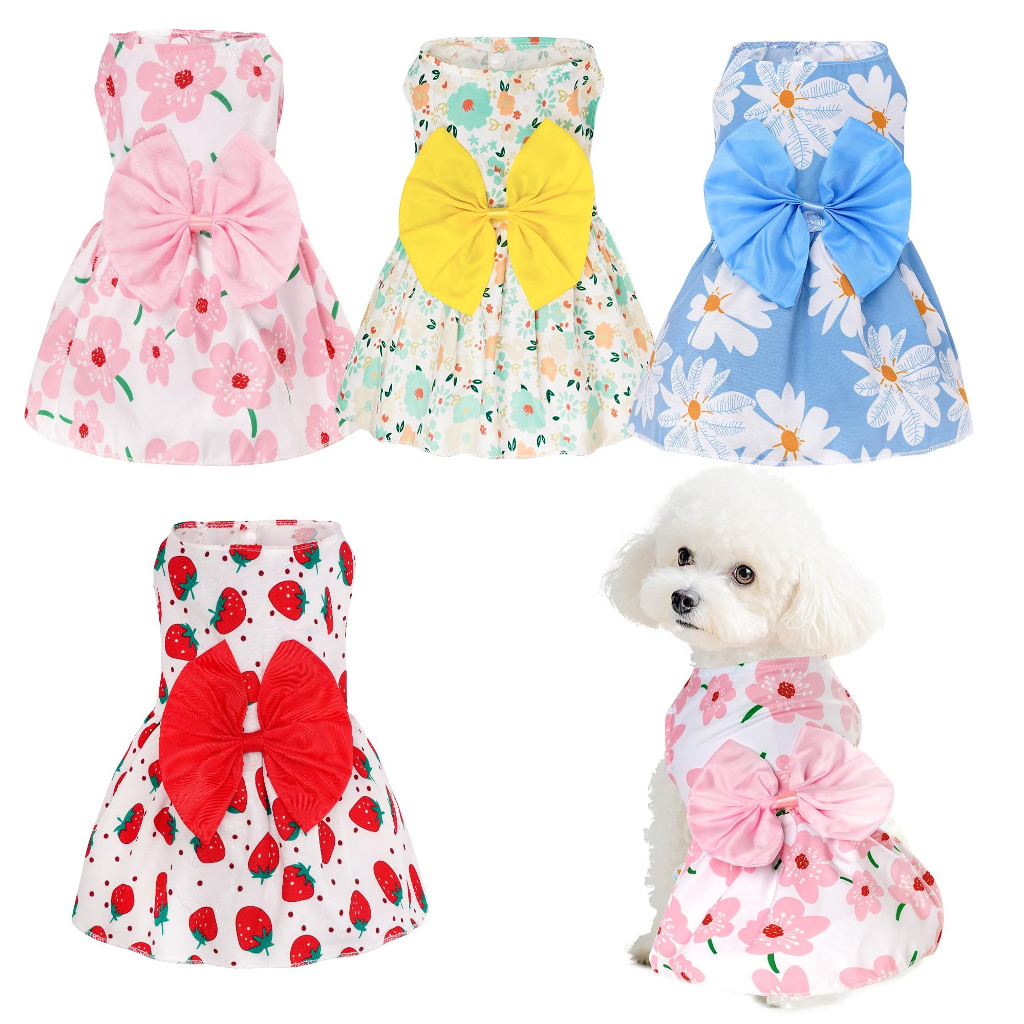 4 Pack Cute Pet Dresses for Small and Medium Dogs & Cats, Soft Breathable Puppy Skirts with Lace and Front Buttons
