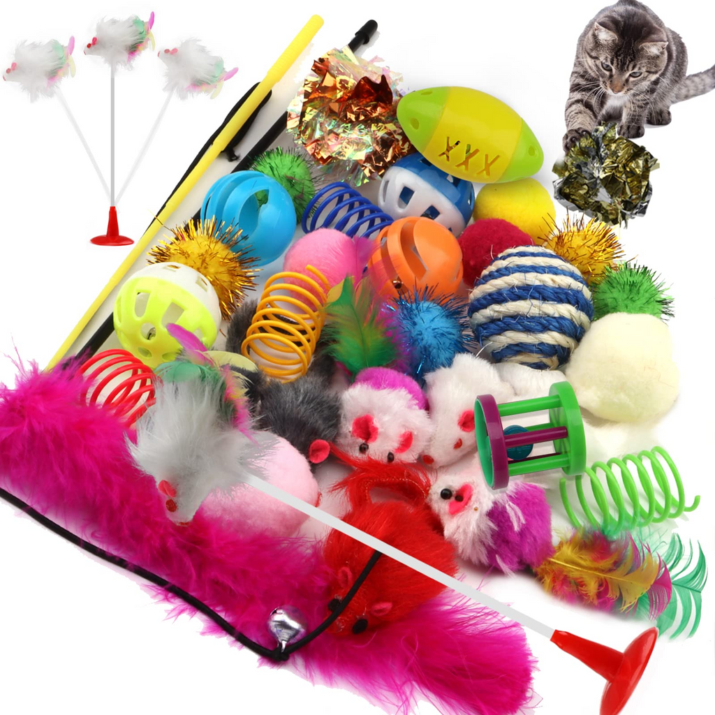 32 Piece Cat Toy Variety Pack with Feather Toys, Mouse Toys, Balls, Crinkle Toys, Teaser Wand & Catnip Toys for Indoor Cats and Kittens
