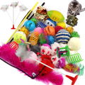 32 Piece Cat Toy Variety Pack with Feather Toys, Mouse Toys, Balls, Crinkle Toys, Teaser Wand & Catnip Toys for Indoor Cats and Kittens