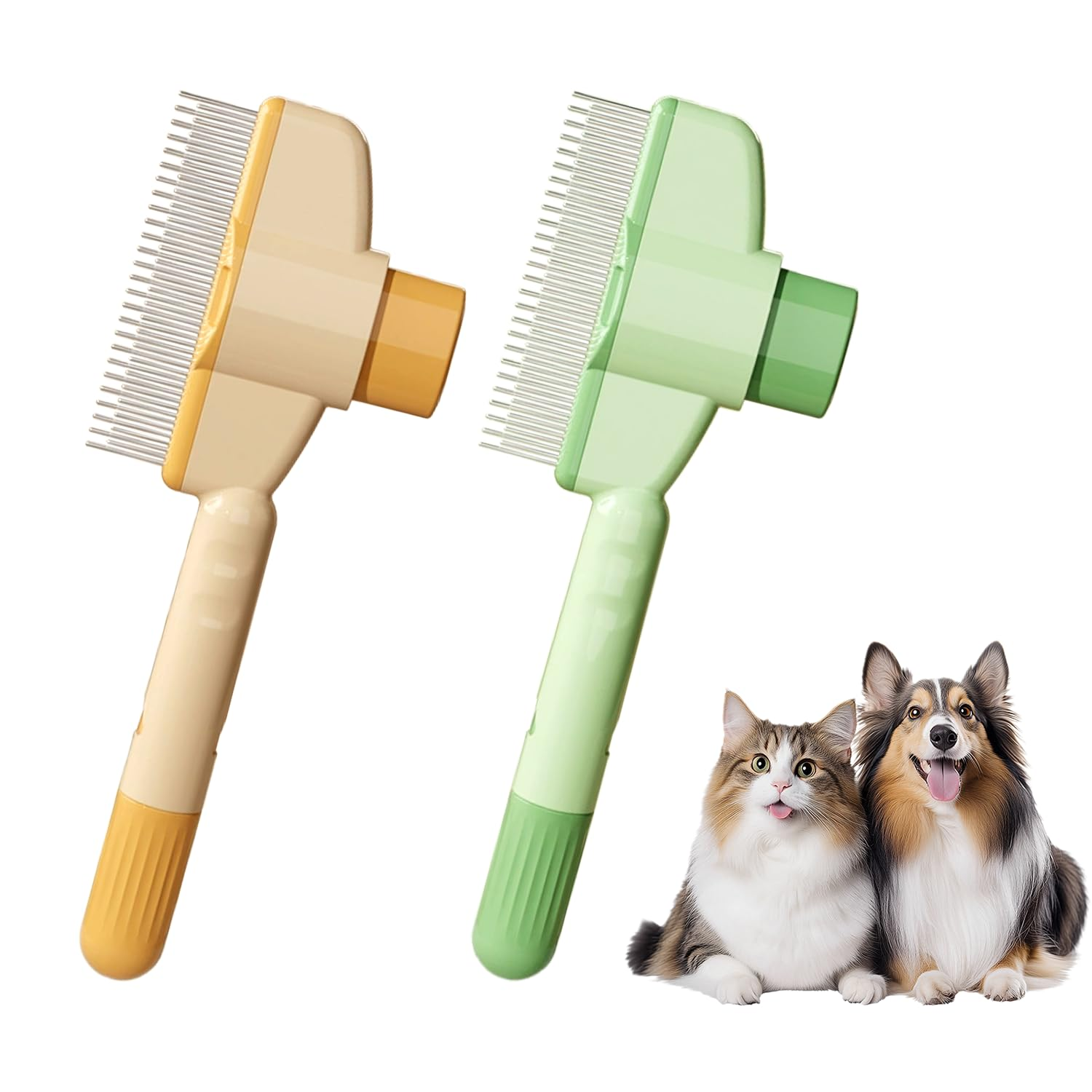 2-Pack Self-Cleaning Pet Grooming Comb Set with Release Button, Stainless Steel Pins for Cats & Dogs, Green & Yellow
