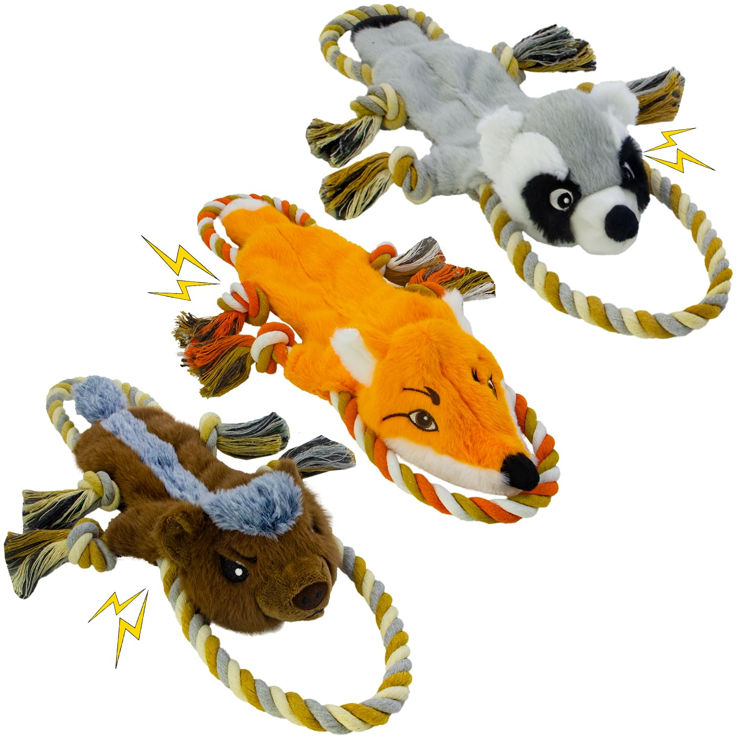 3-Pack No Stuffing Dog Squeaky Toys – Plush Rope Tug Toys with Crinkle Paper for Small, Medium & Large Dogs, Raccoon, Honey Badger & Fox
