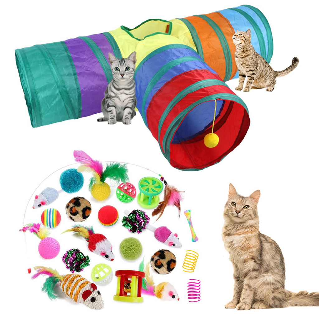 32 Piece Cat Toy Set with 3-Way Foldable Rainbow Tunnel, Feather Wand, Spring Toys, Balls, Mice & Interactive Kitten Play Accessories