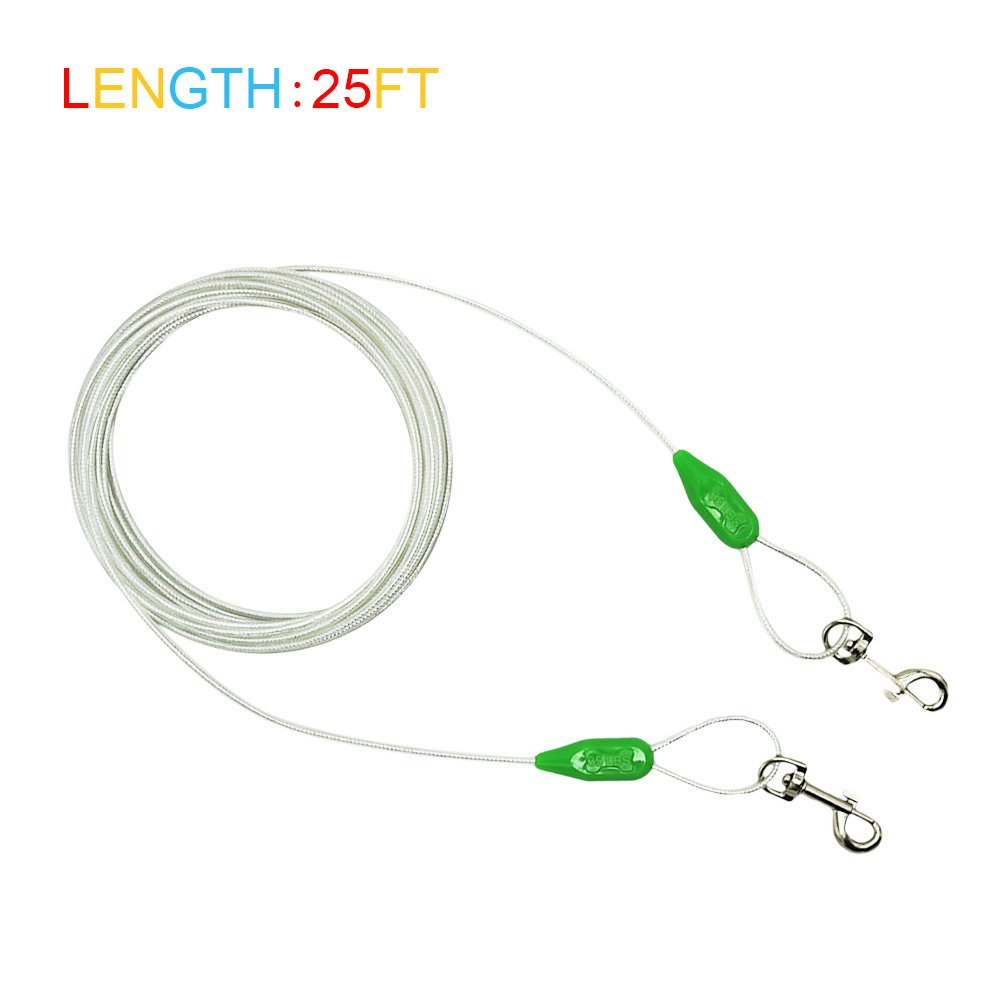 25 ft Reflective Dog Tie-Out Cable for Dogs Up to 35 lbs, Steel Cable with Swivel Clips, Anti-Rust Vinyl Coating for Outdoor Use