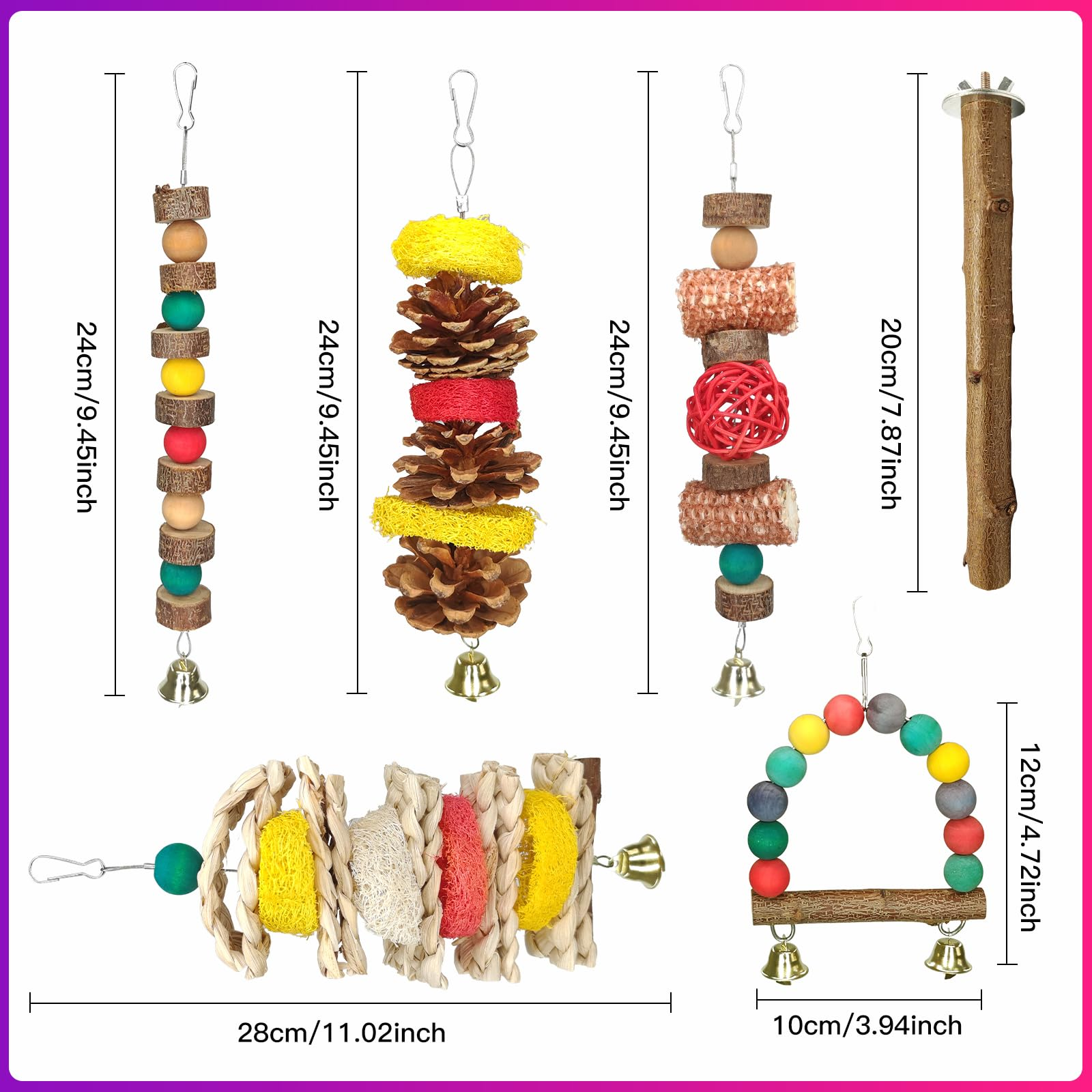 7 Piece Natural Wood Bird Toy & Perch Set for Parakeets, Cockatiels, Lovebirds & Budgies, Hanging Cage Play Accessory