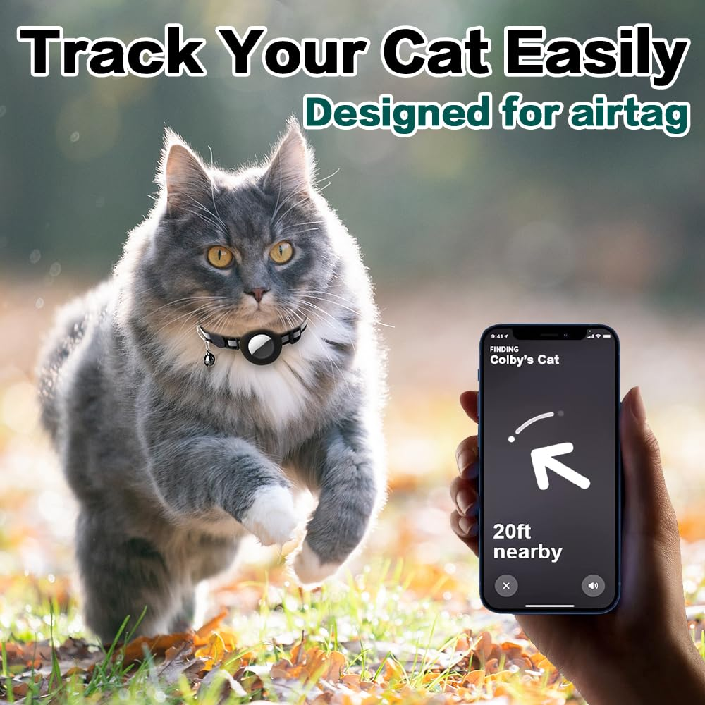 Reflective Breakaway Cat Collar with AirTag Holder, Adjustable Lightweight Nylon Collar with Bell, Waterproof AirTag Case, Black